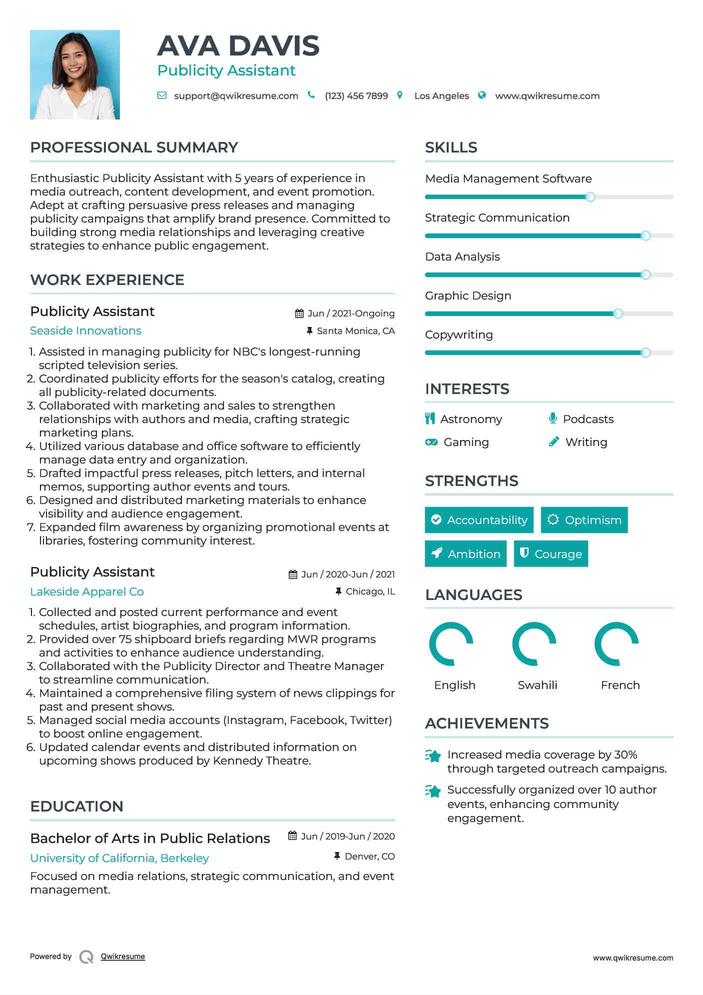 Publicity Assistant Resume Example