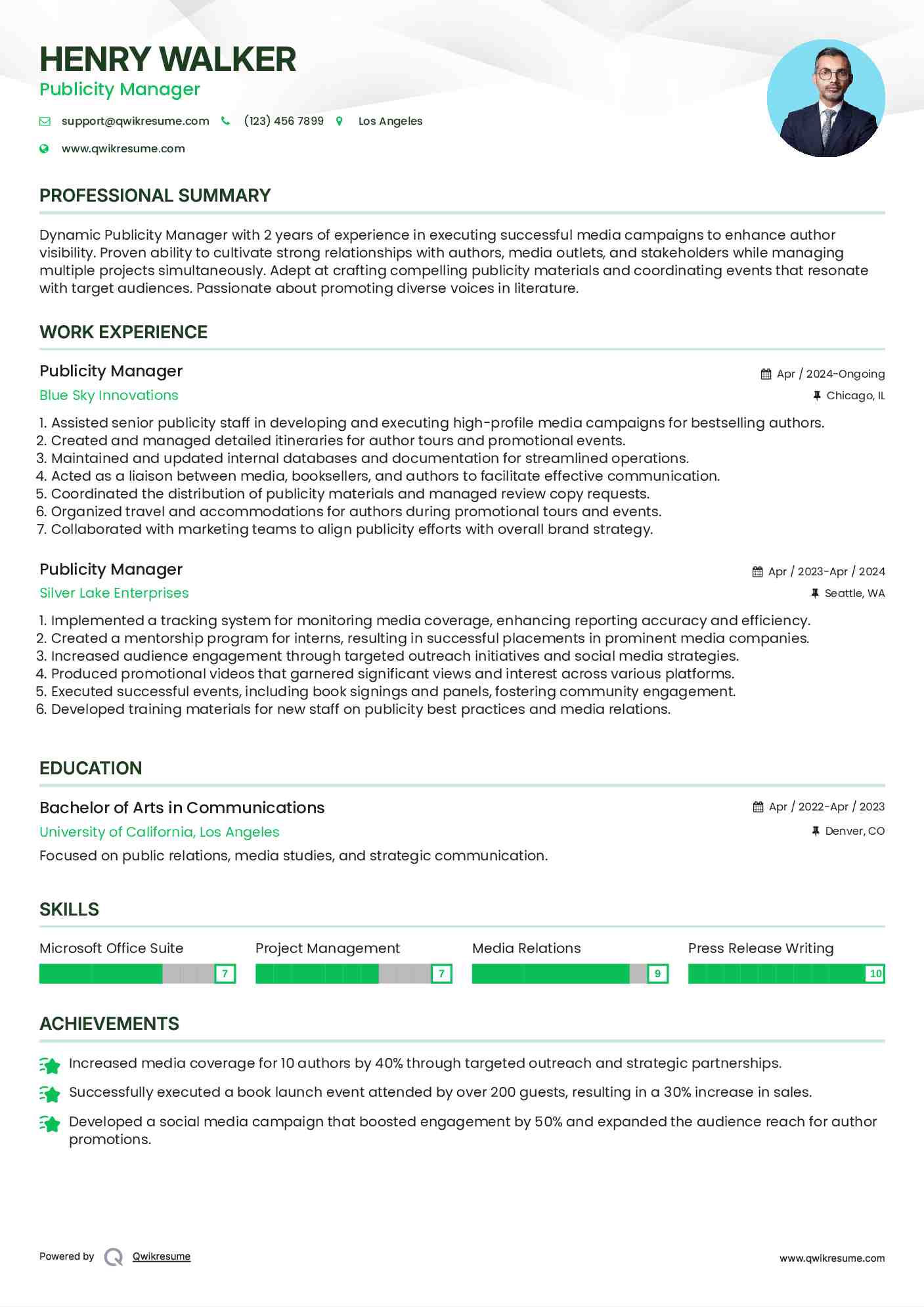 Publicity Manager Resume Format