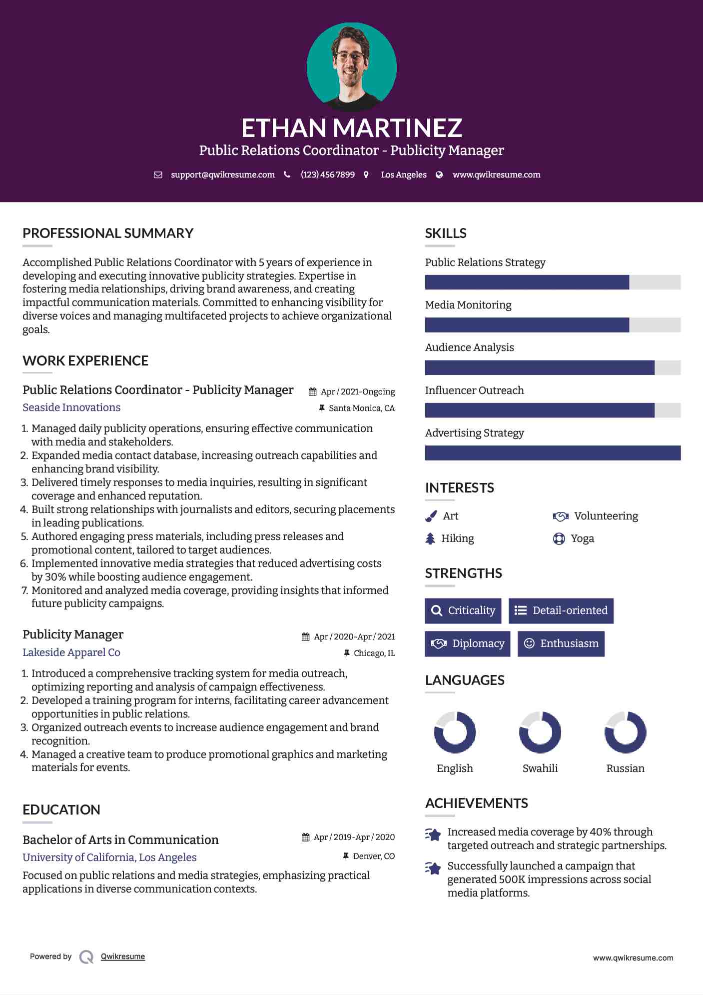 Public Relations Coordinator - Publicity Manager Resume Example