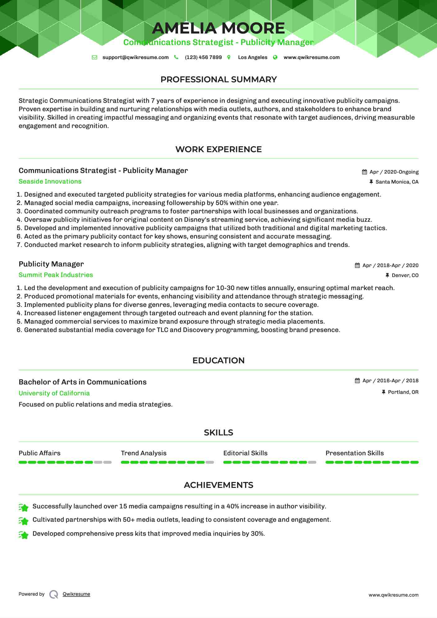 Communications Strategist - Publicity Manager Resume Model