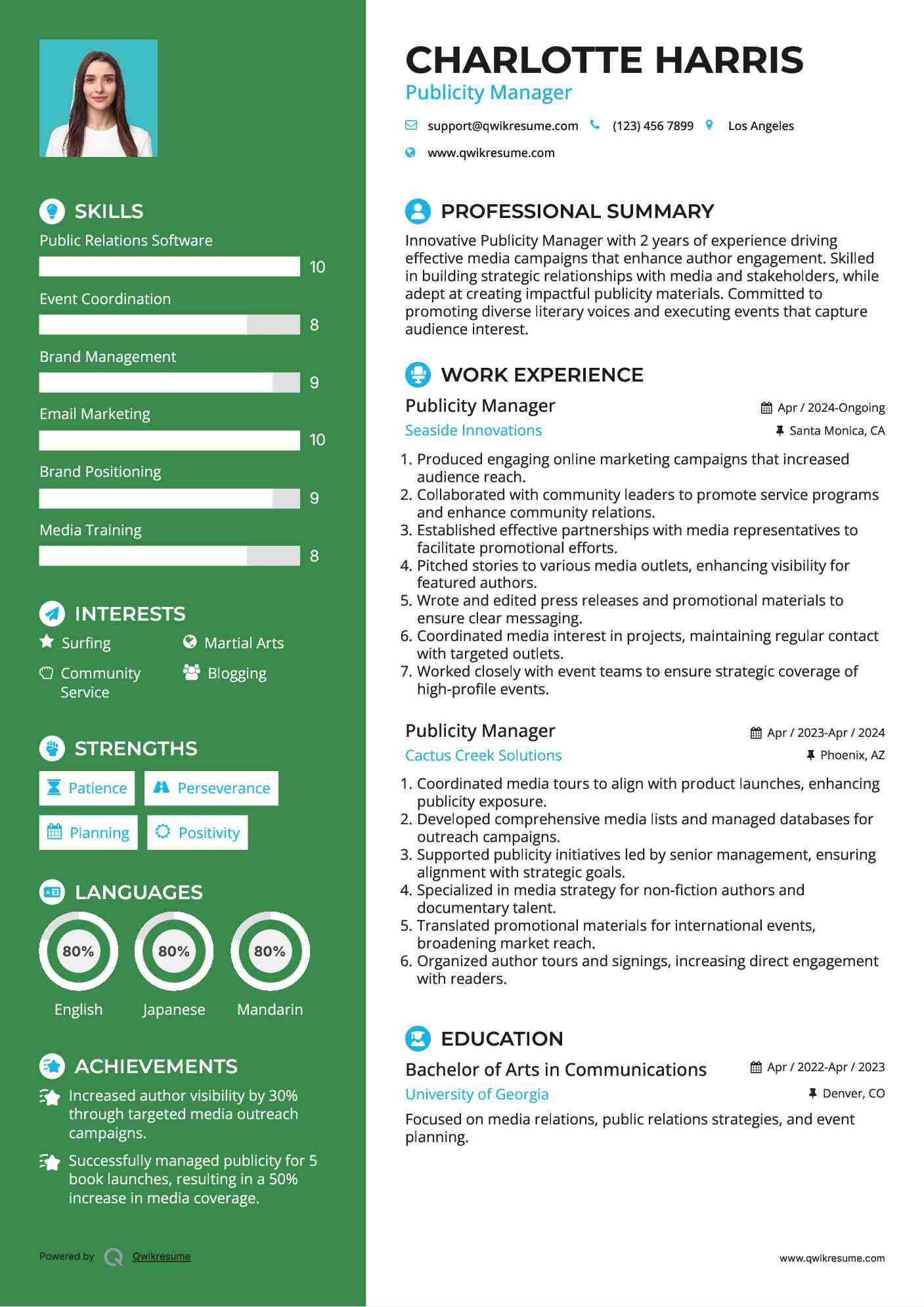 Publicity Manager Resume Samples | QwikResume