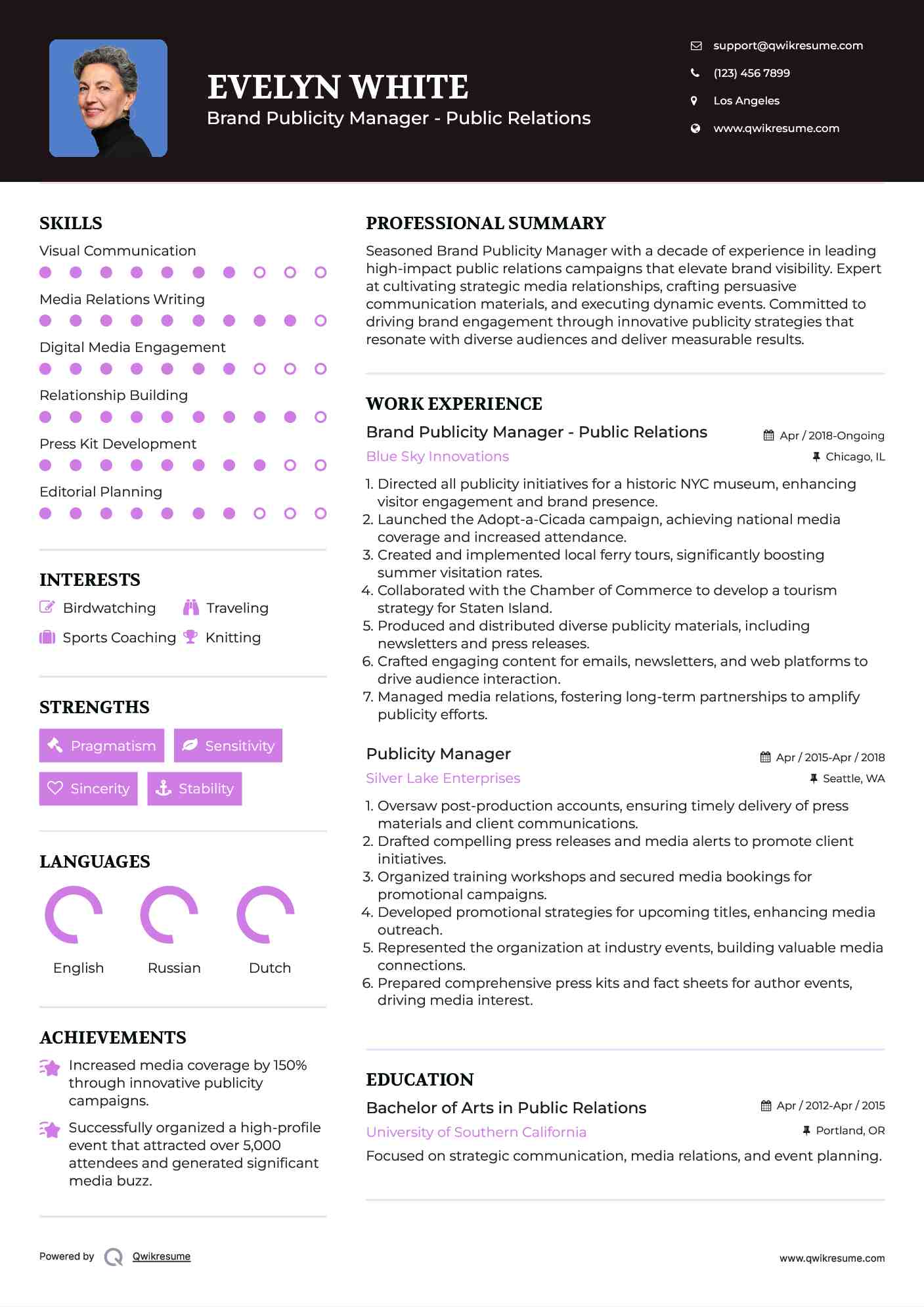 Brand Publicity Manager - Public Relations Resume Example