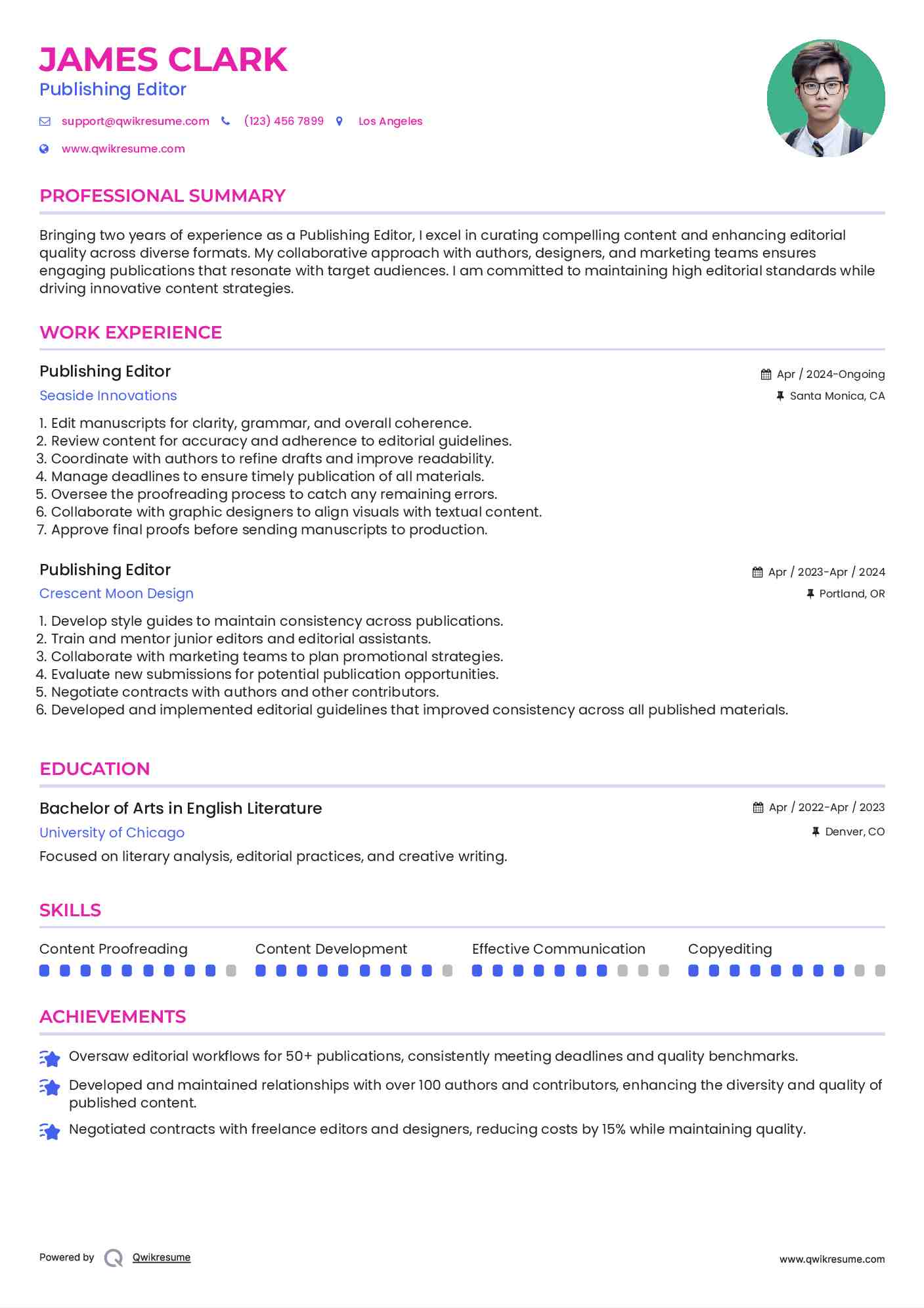 Publishing Editor Resume Example