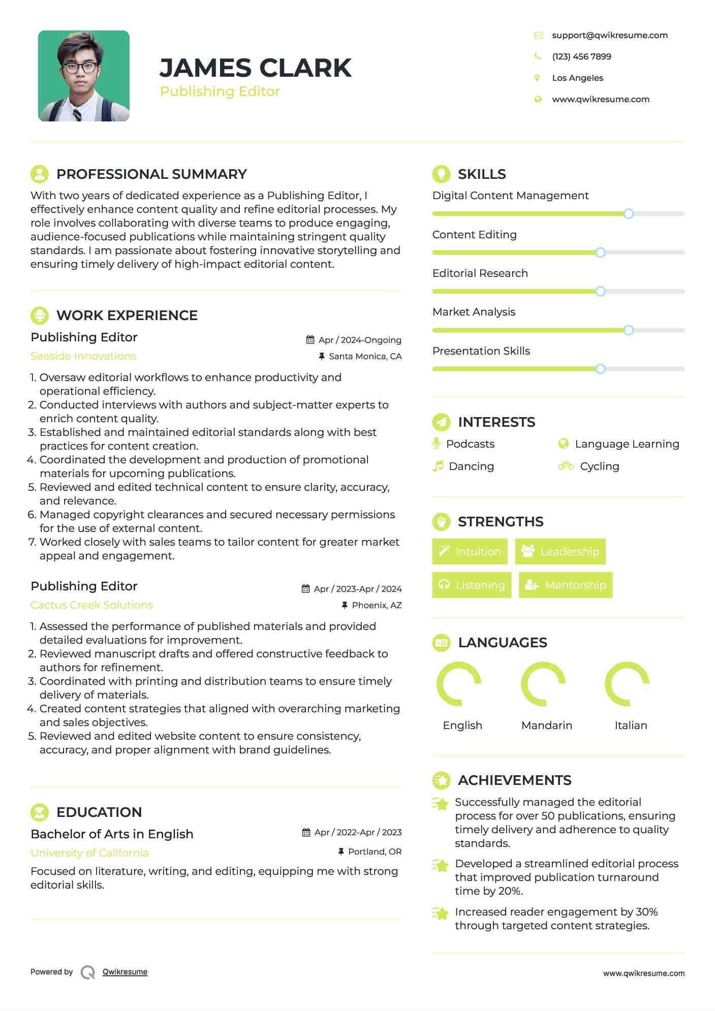 Publishing Editor Resume Format