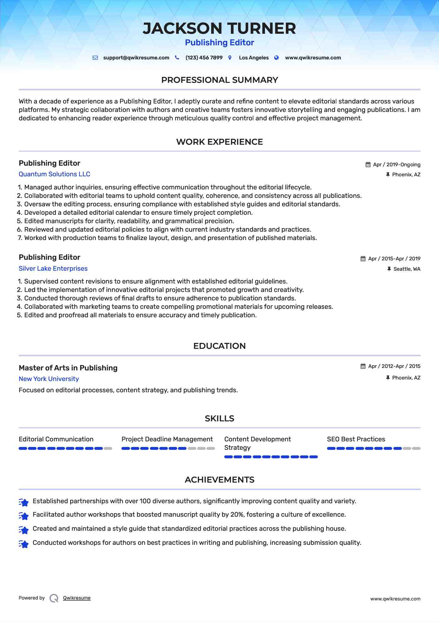 Publishing Editor Resume Sample