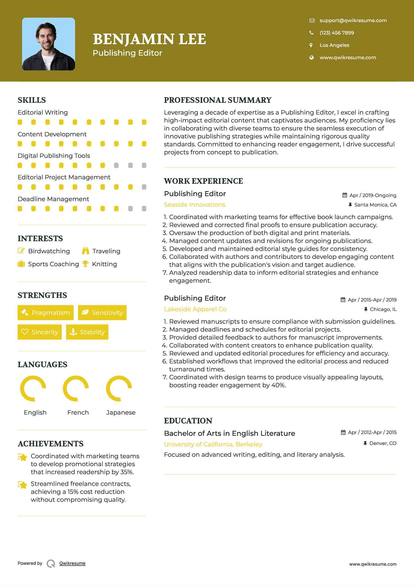Publishing Editor Resume Example