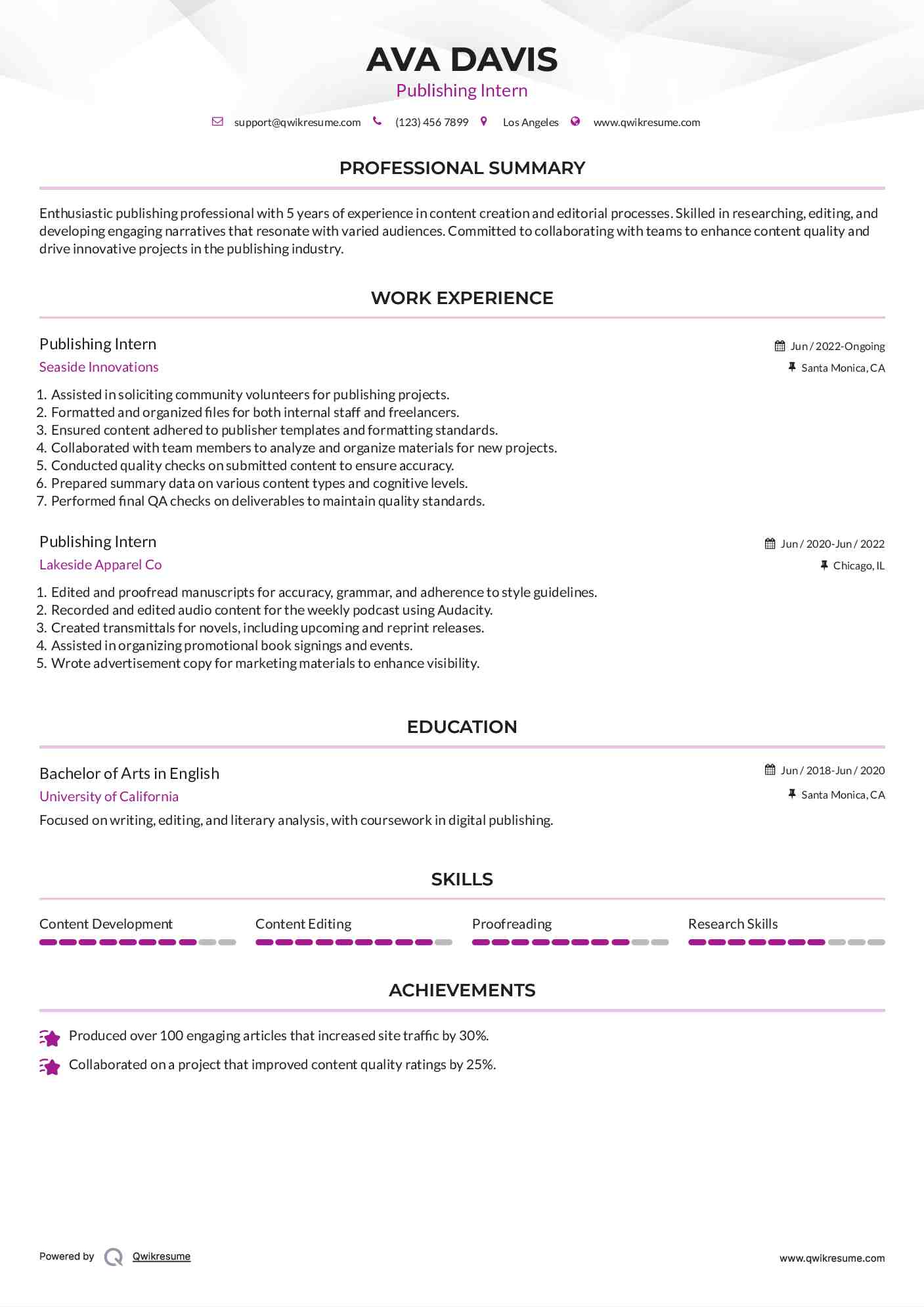 Publishing Intern Resume Template