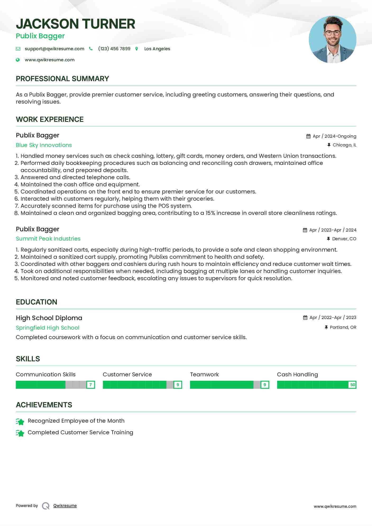 Publix Bagger Resume Model