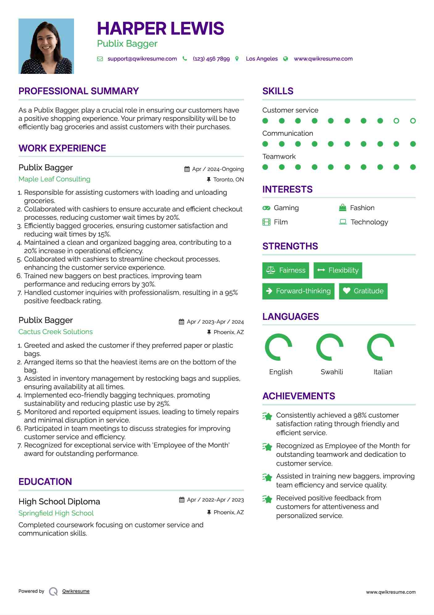 Publix Bagger Resume Sample