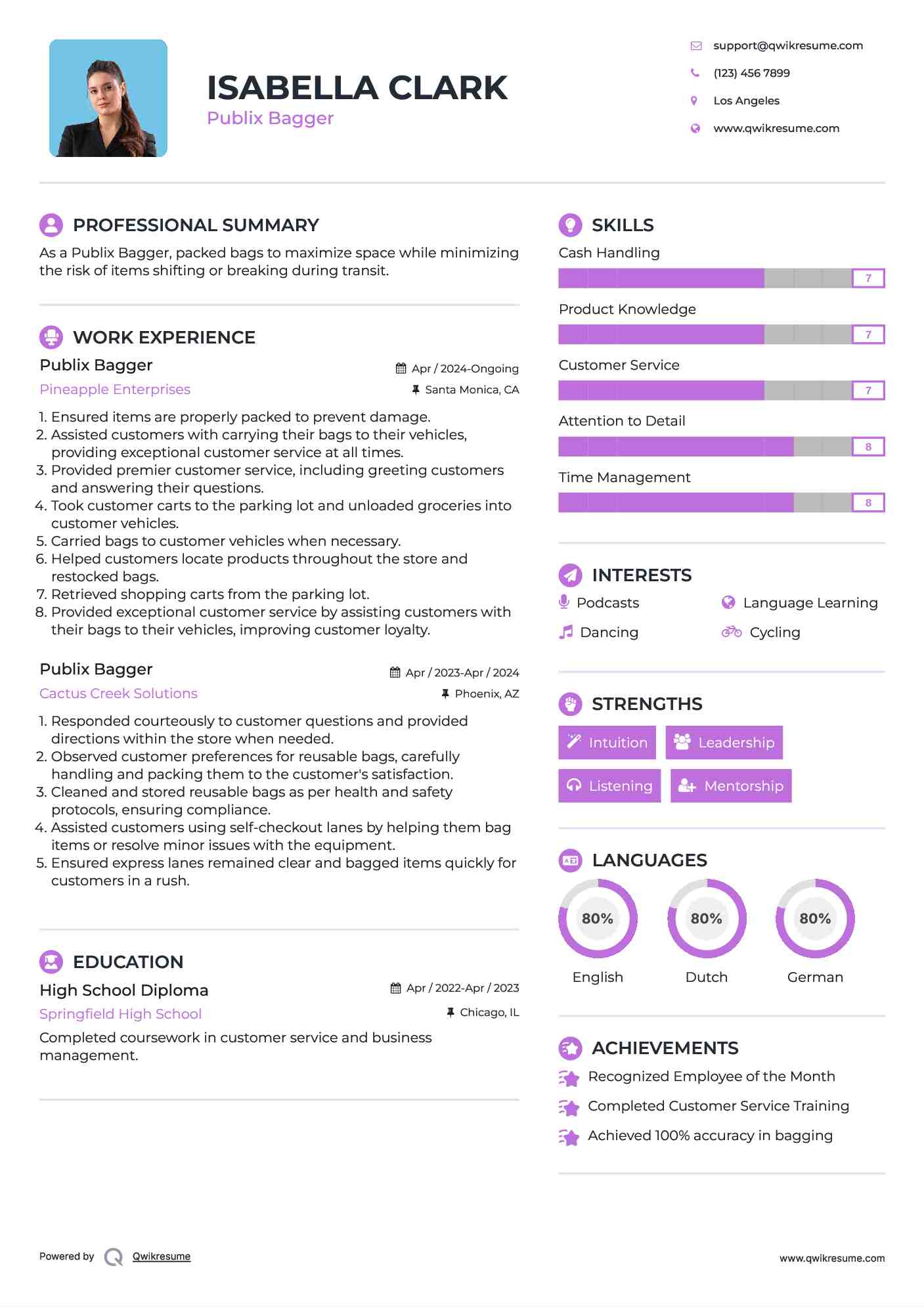 Publix Bagger Resume Example
