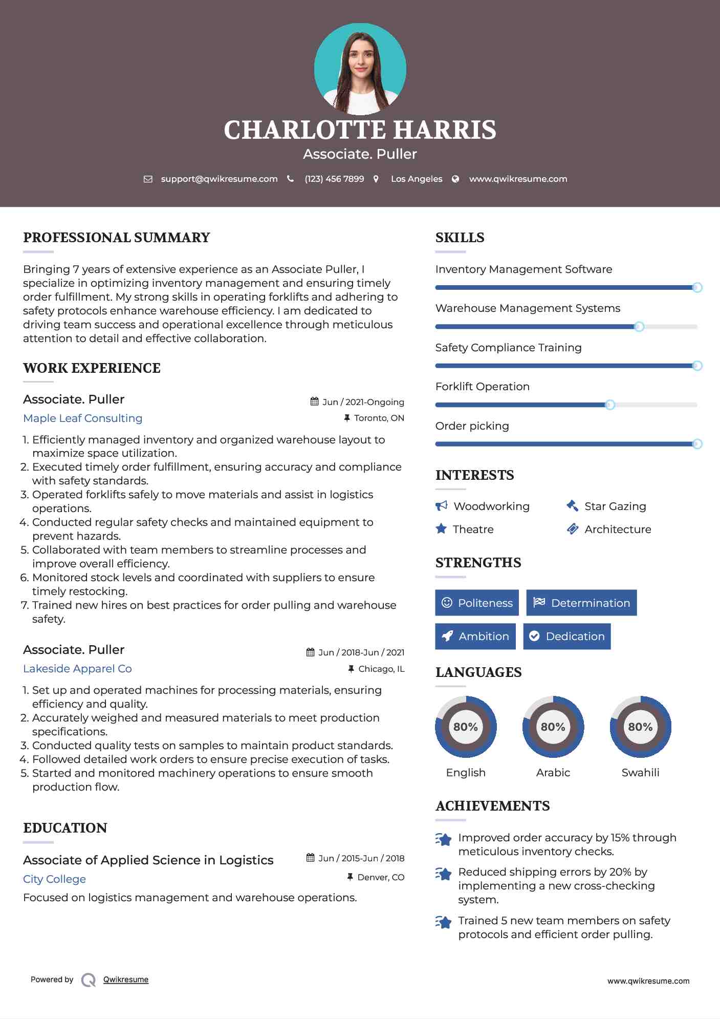 Associate. Puller Resume Example