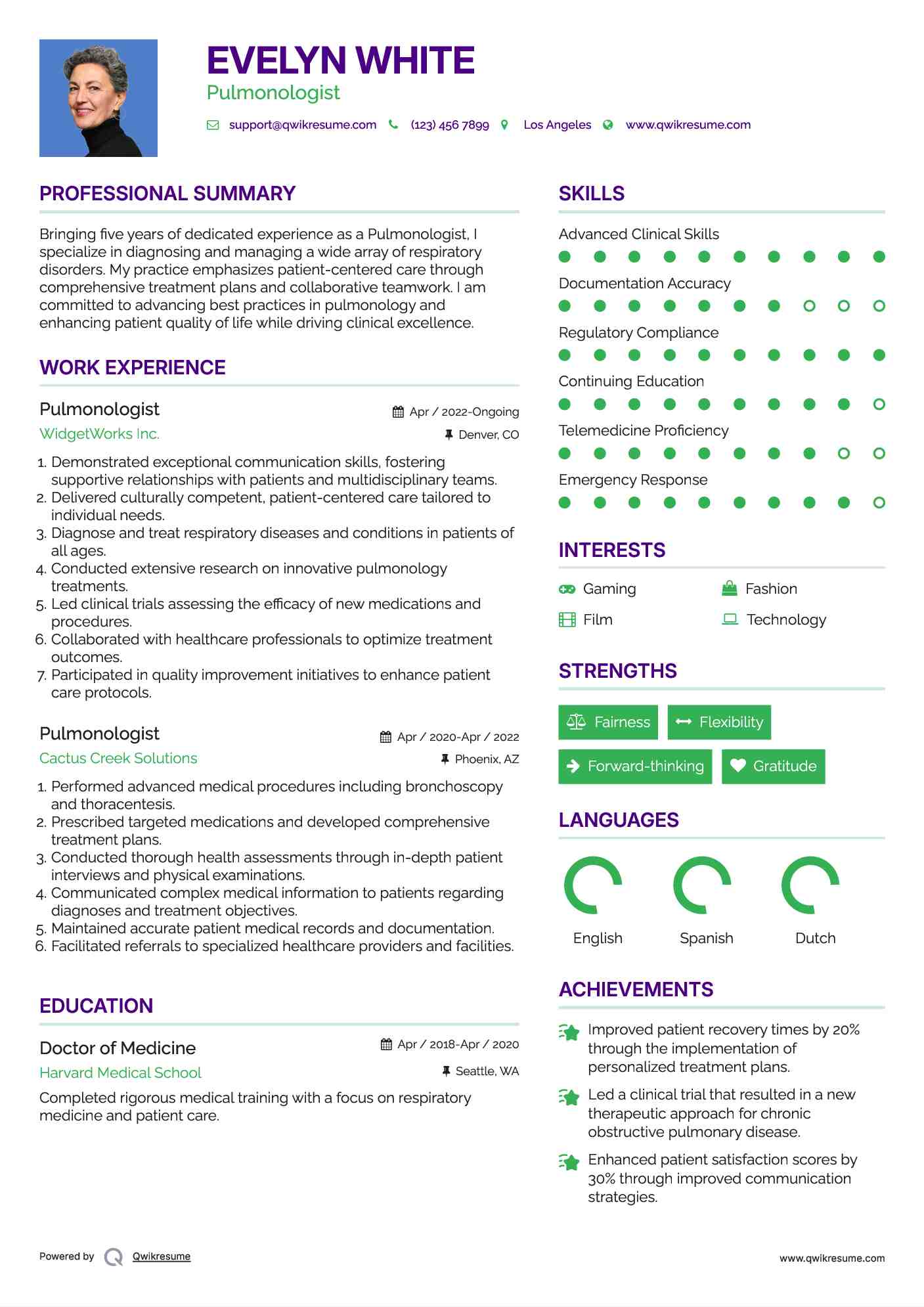 Pulmonologist Resume Format