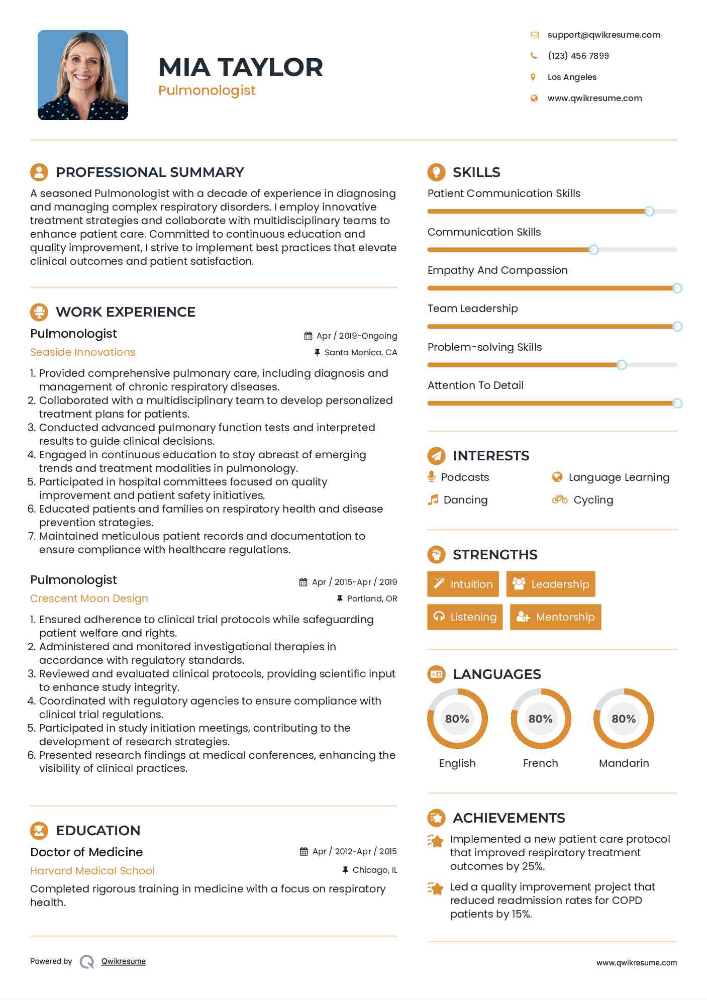 Pulmonologist Resume Example