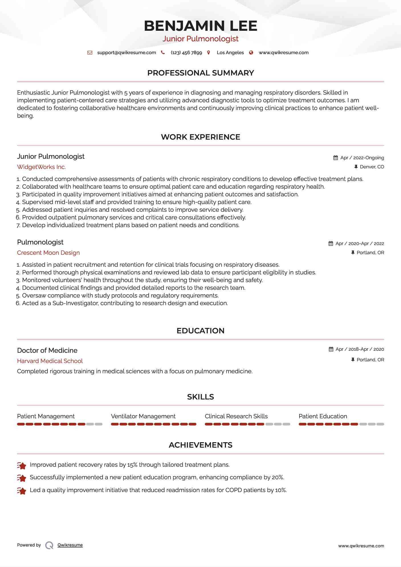 Junior Pulmonologist  Resume Model