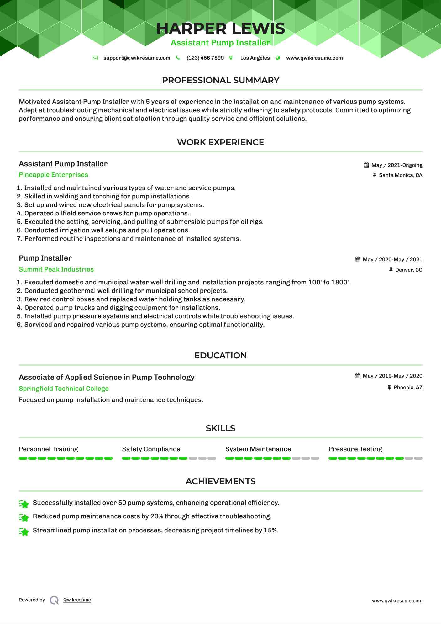 Assistant Pump Installer Resume Example