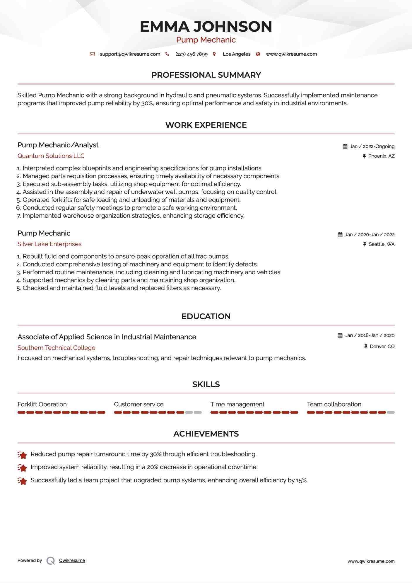 Pump Mechanic/Analyst Resume Model
