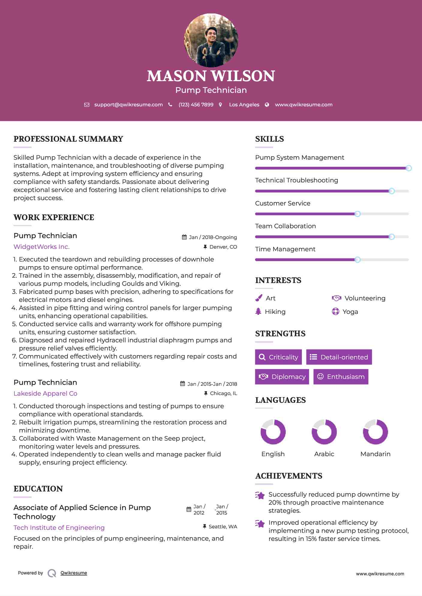 Pump Technician Resume Sample