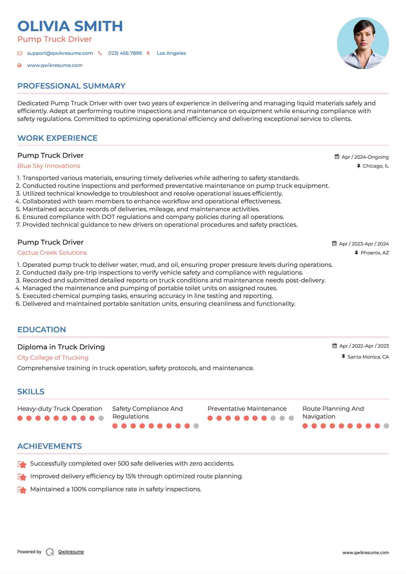 Pump Truck Driver Resume Example