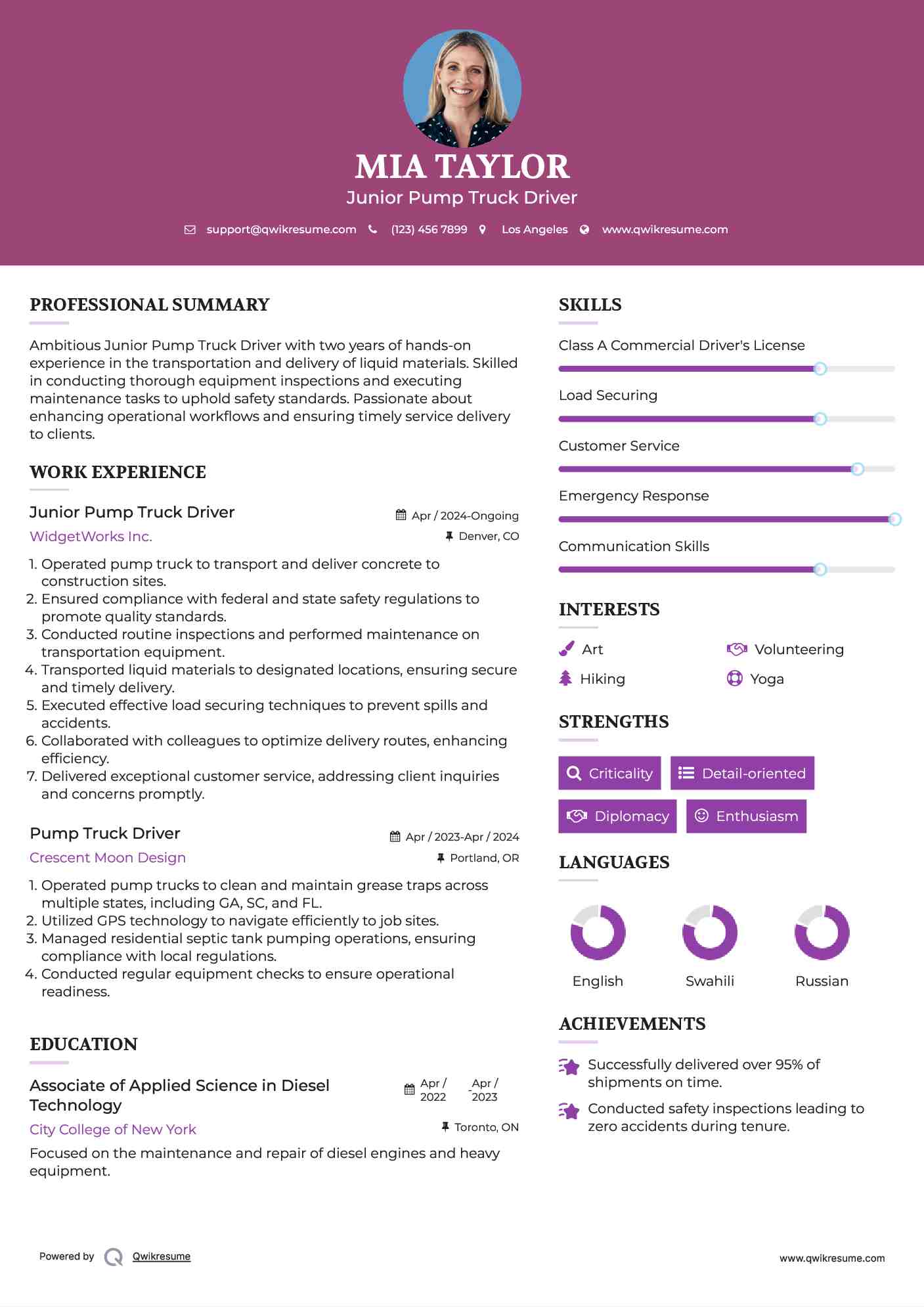 Junior Pump Truck Driver Resume Sample