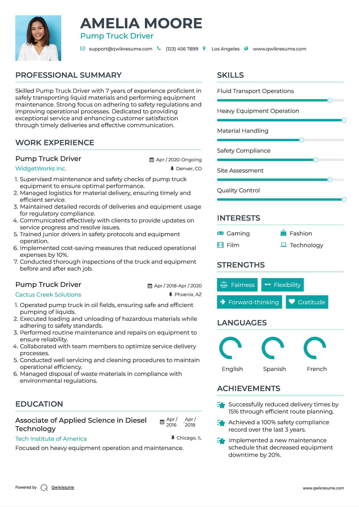 Pump Truck Driver Resume Sample