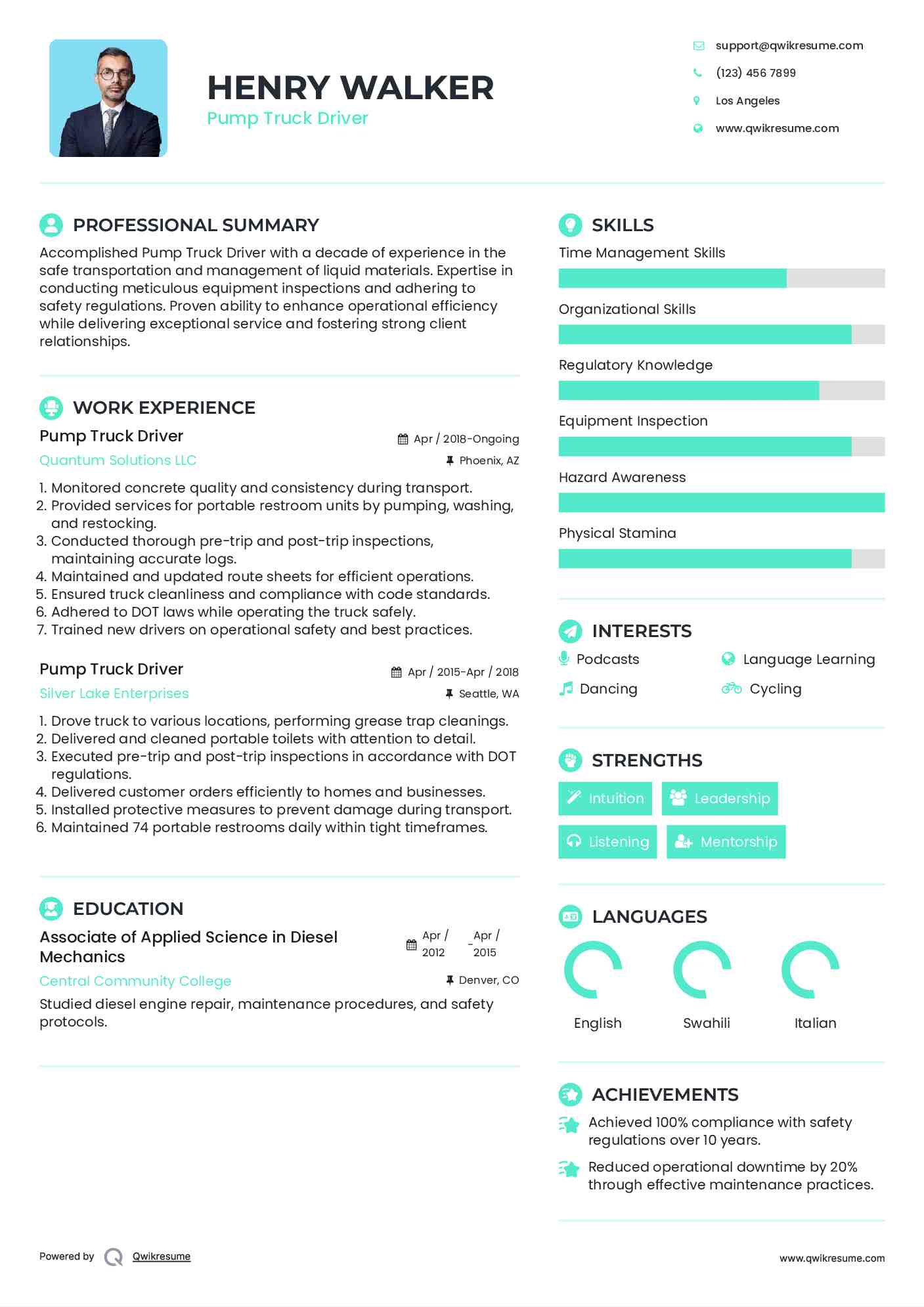 Pump Truck Driver Resume Template