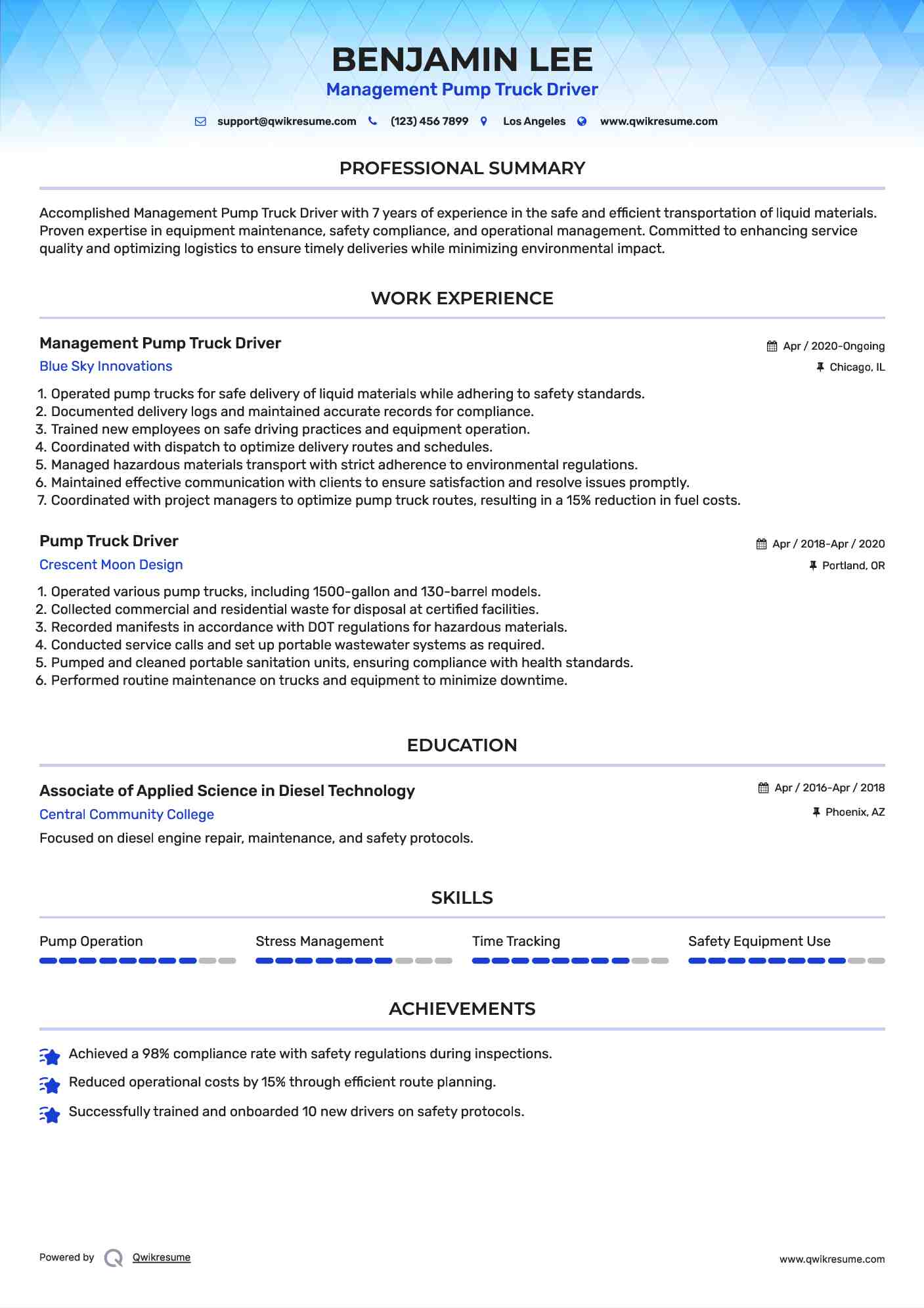 Management Pump Truck Driver Resume Example