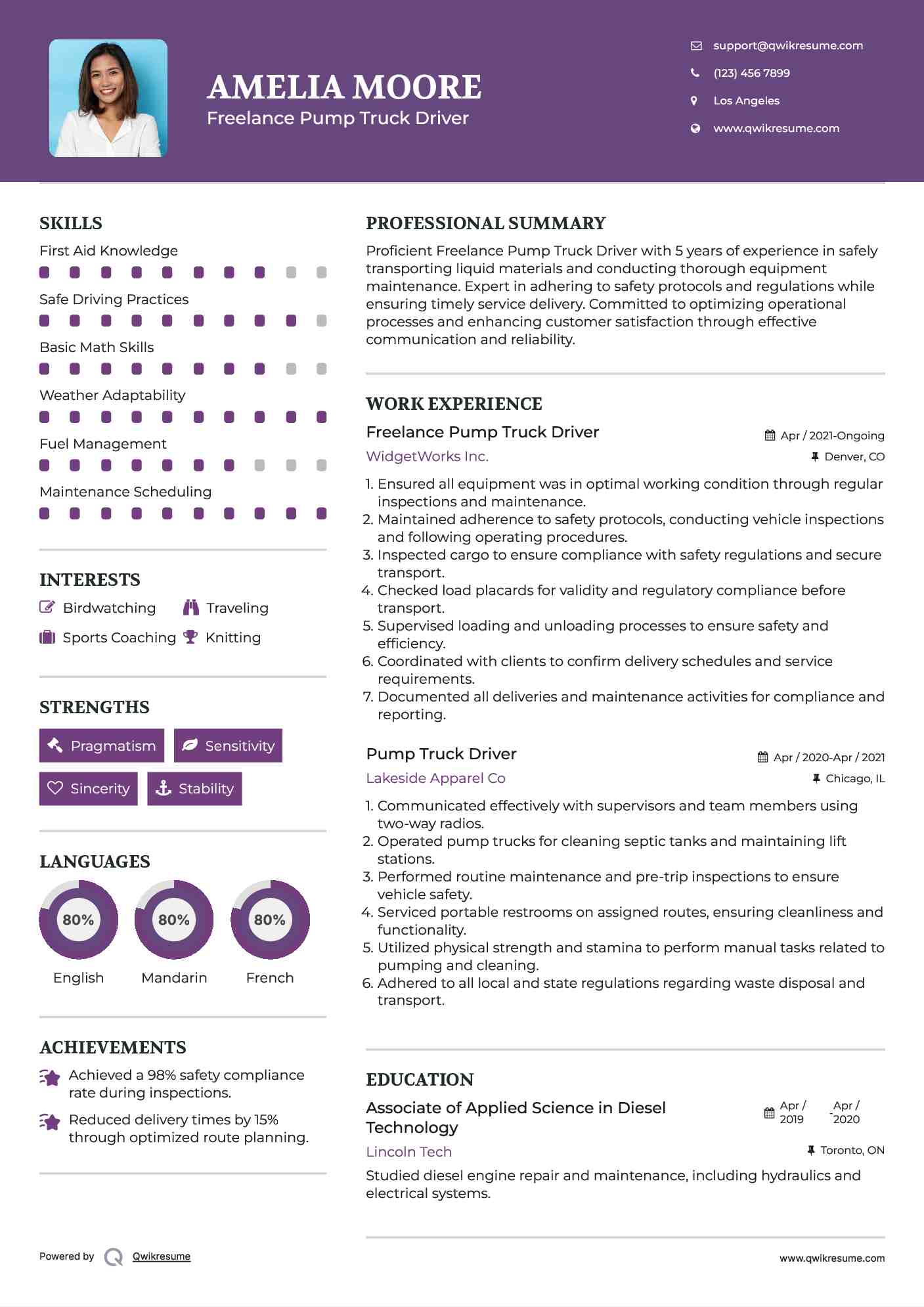 Freelance Pump Truck Driver Resume Sample