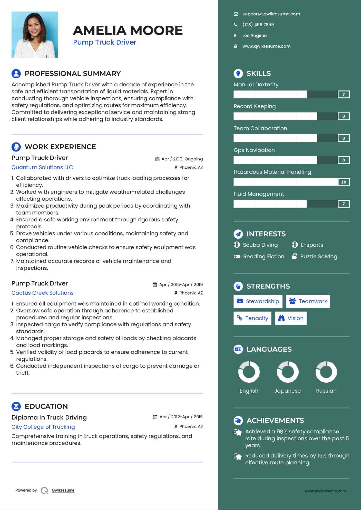 Pump Truck Driver Resume Sample