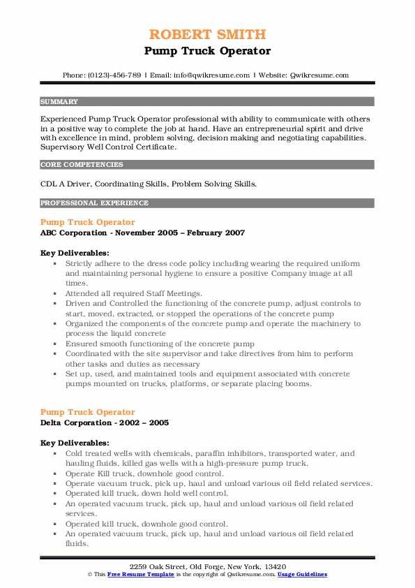 Pump Truck Operator Resume Samples QwikResume