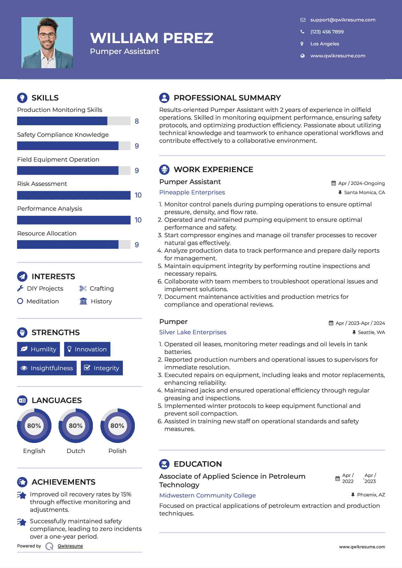 Pumper Assistant Resume Template