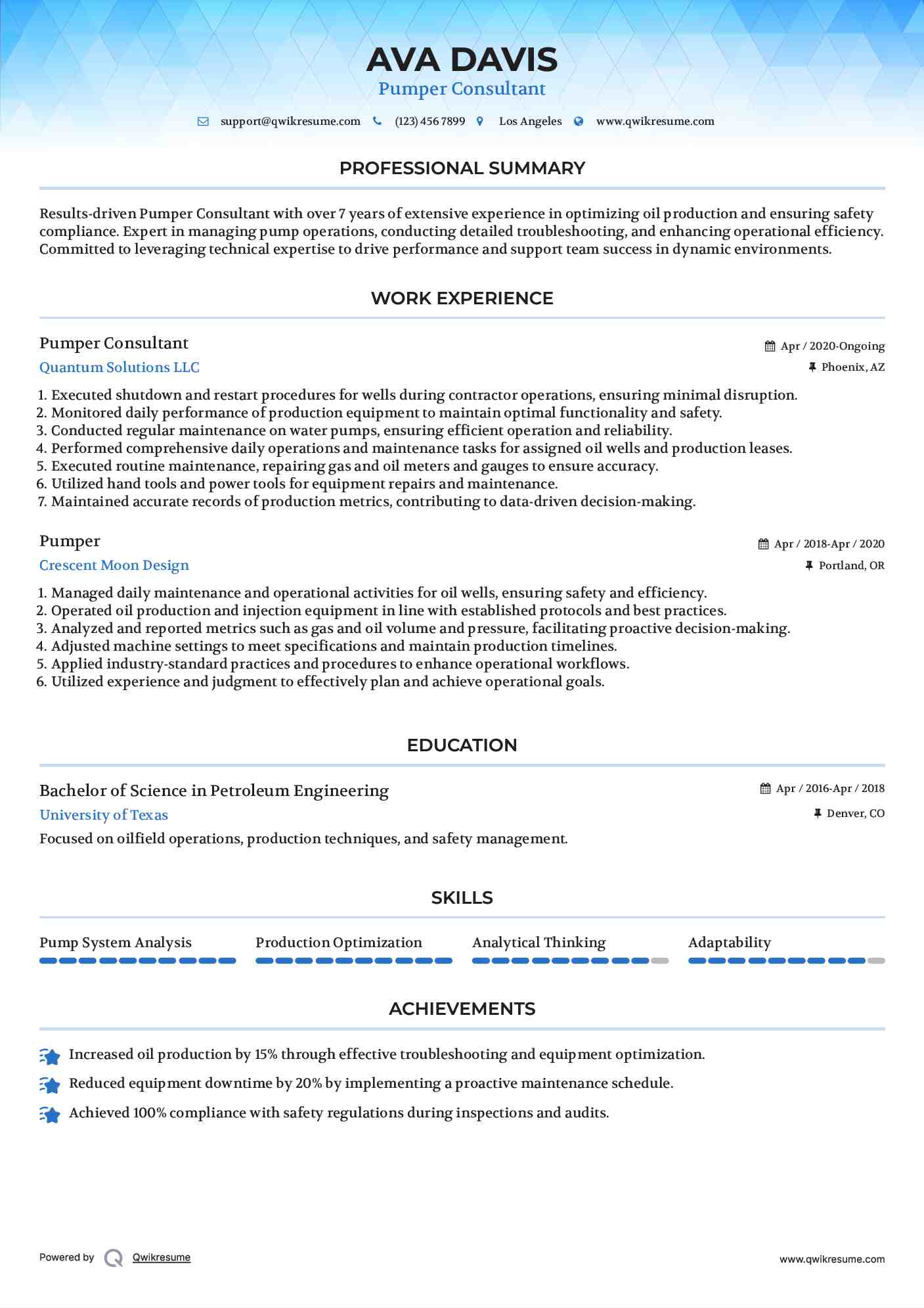 Pumper Consultant Resume Template