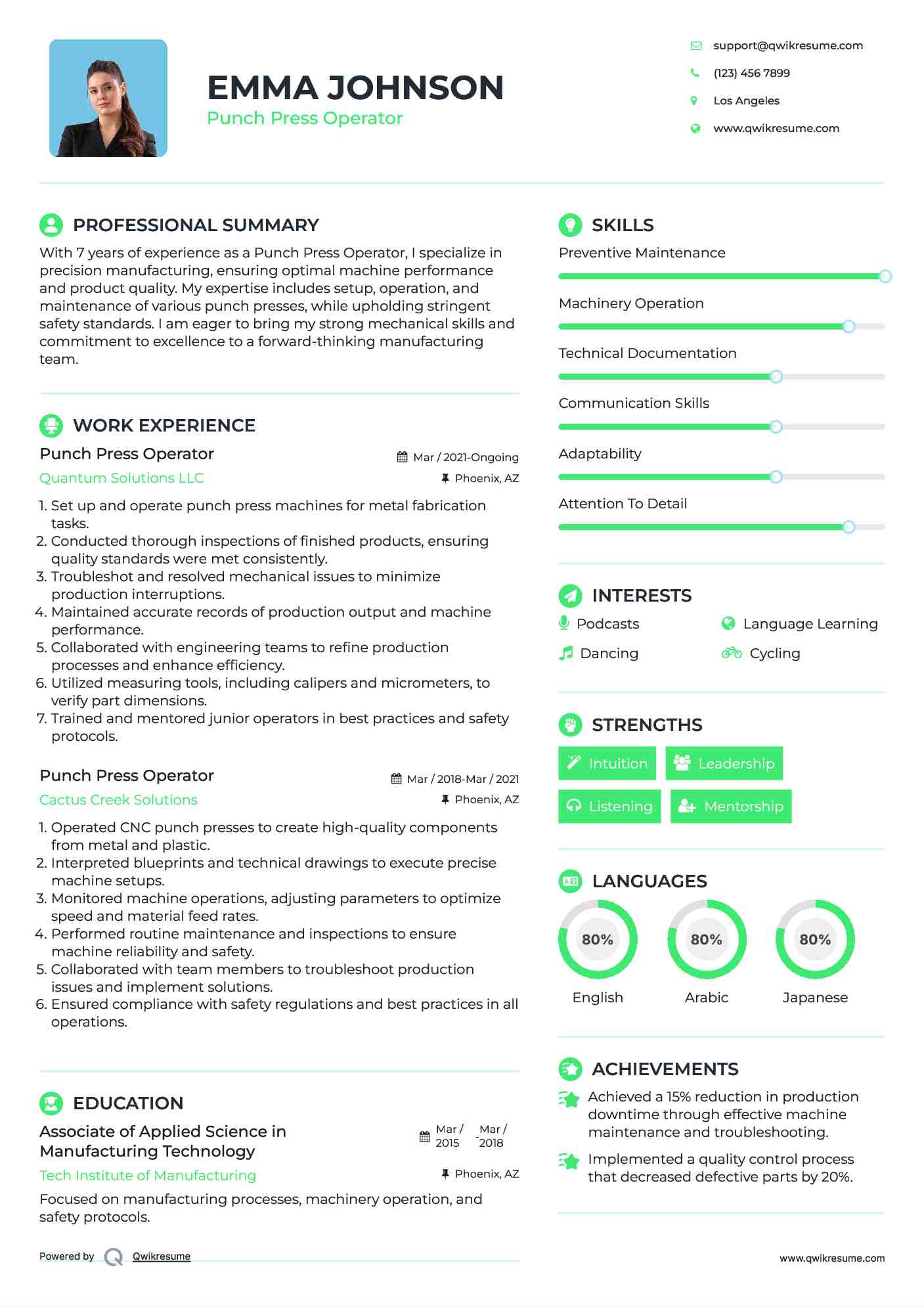 Punch Press Operator Resume Example
