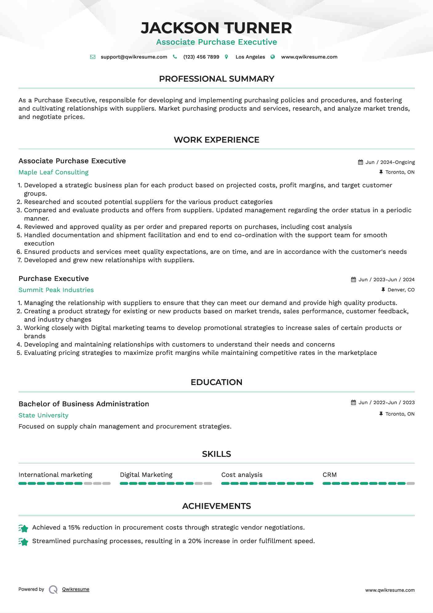 Associate Purchase Executive Resume Model