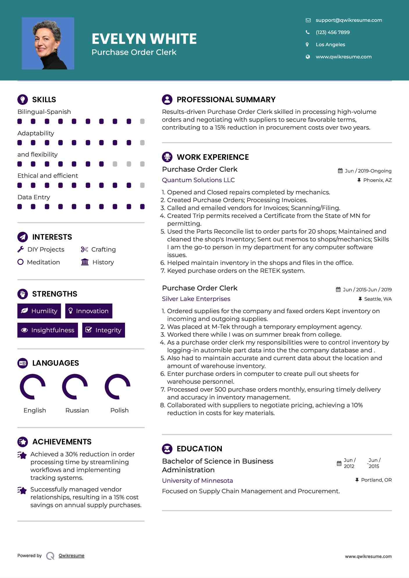 Purchase Order Clerk Resume Example