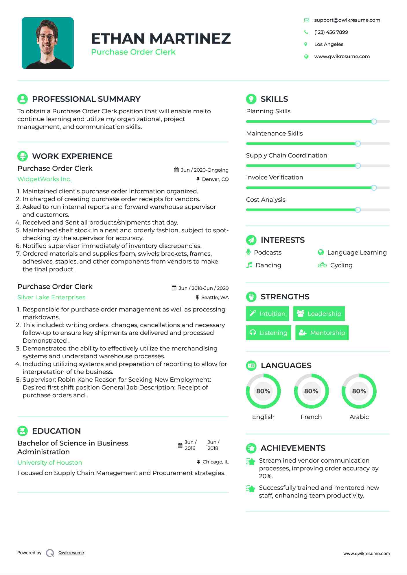 Purchase Order Clerk Resume Model