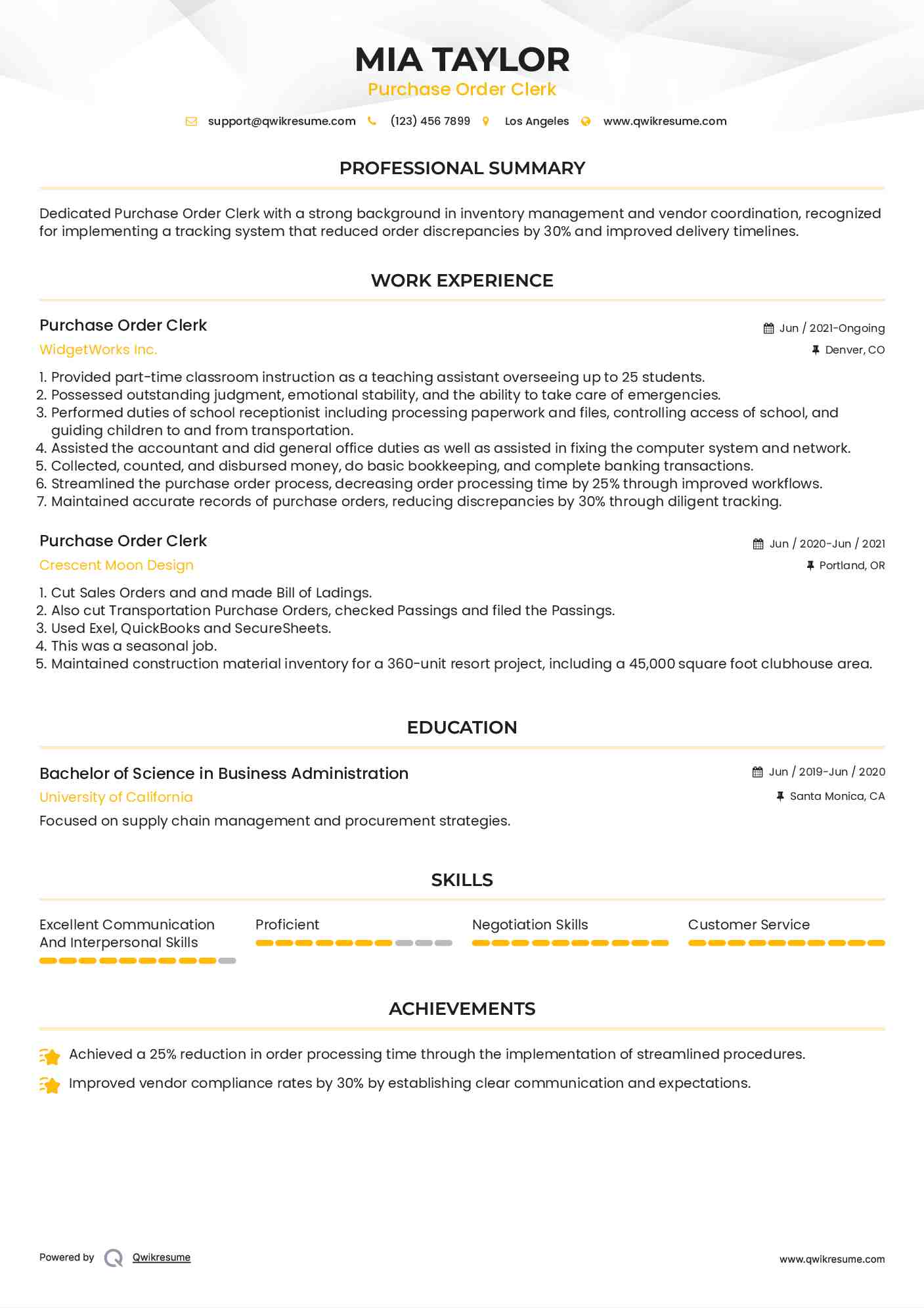 Purchase Order Clerk Resume Model