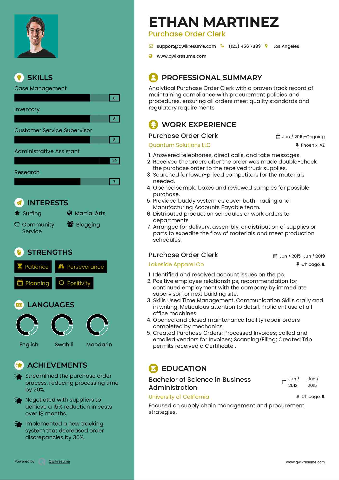 Purchase Order Clerk Resume Model