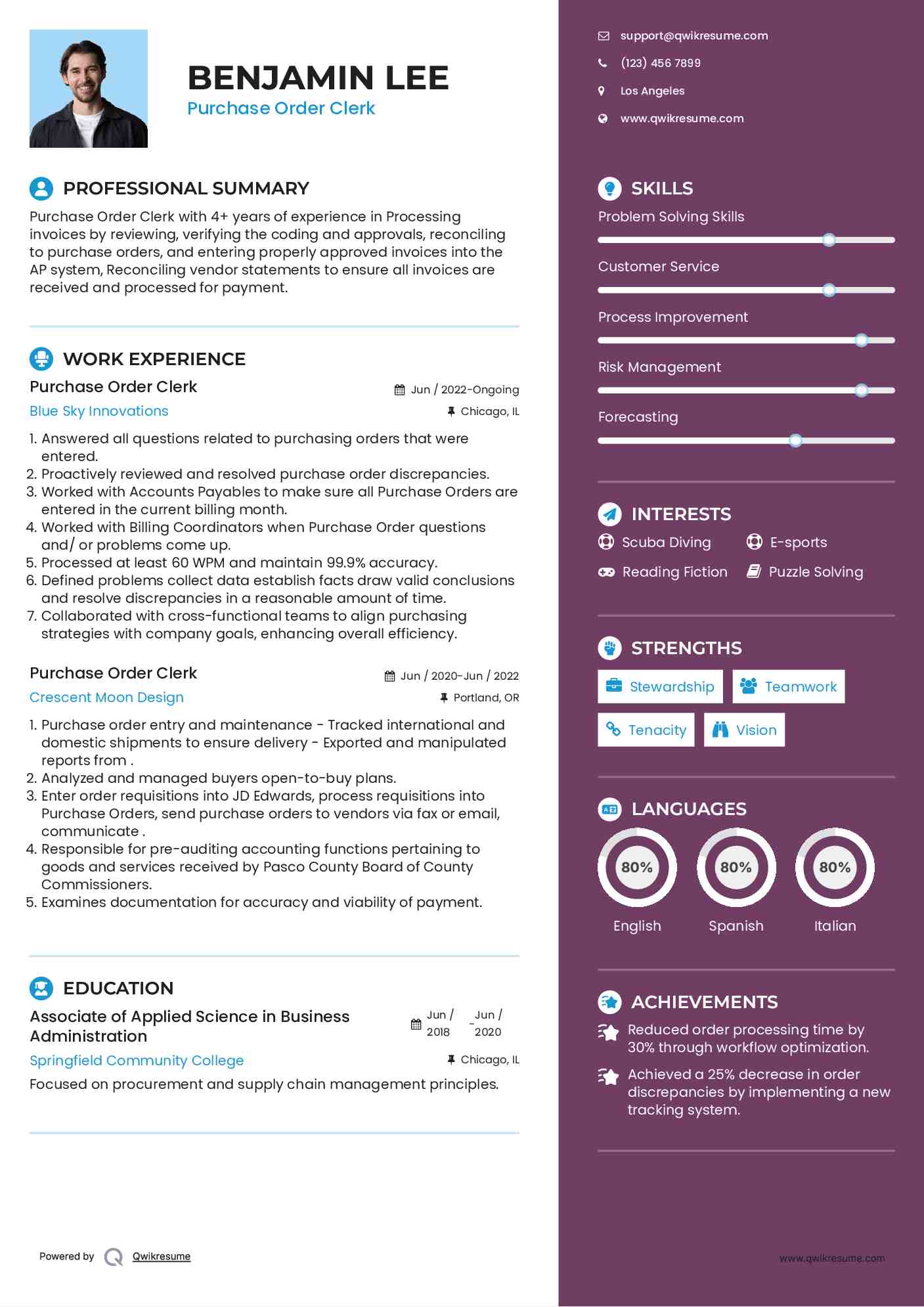 Purchase Order Clerk Resume Model