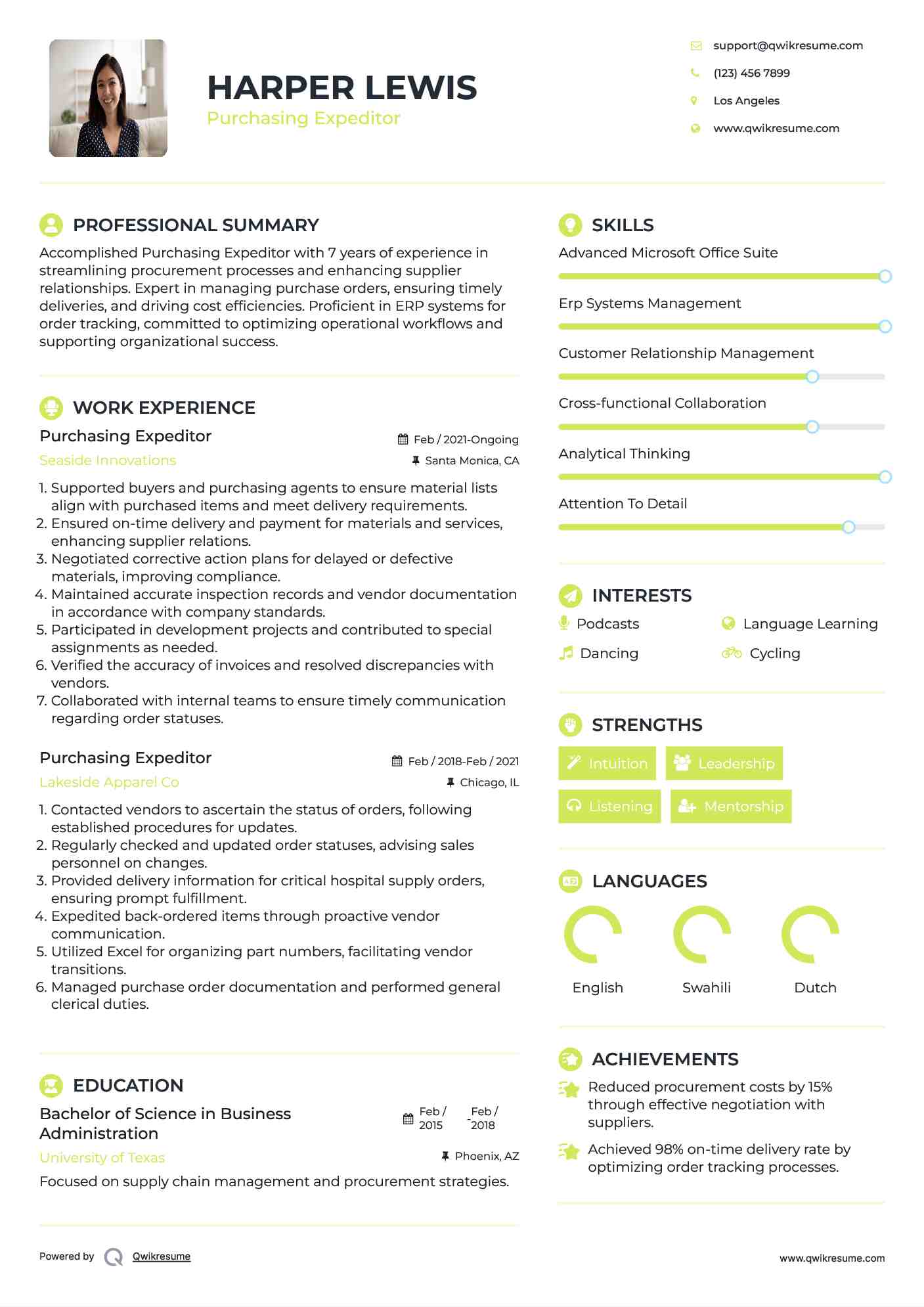 Purchasing Expeditor Resume Samples | QwikResume