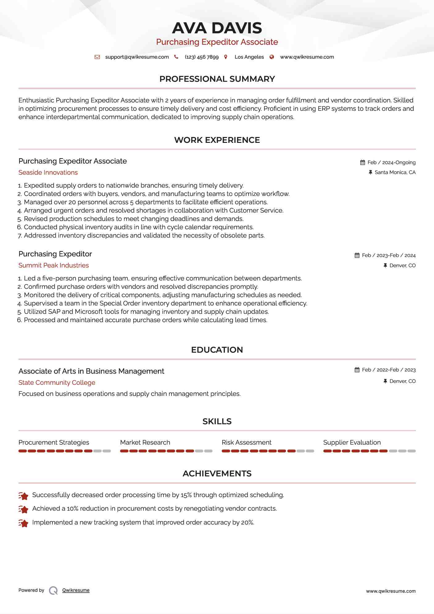 Purchasing Expeditor Associate Resume Model