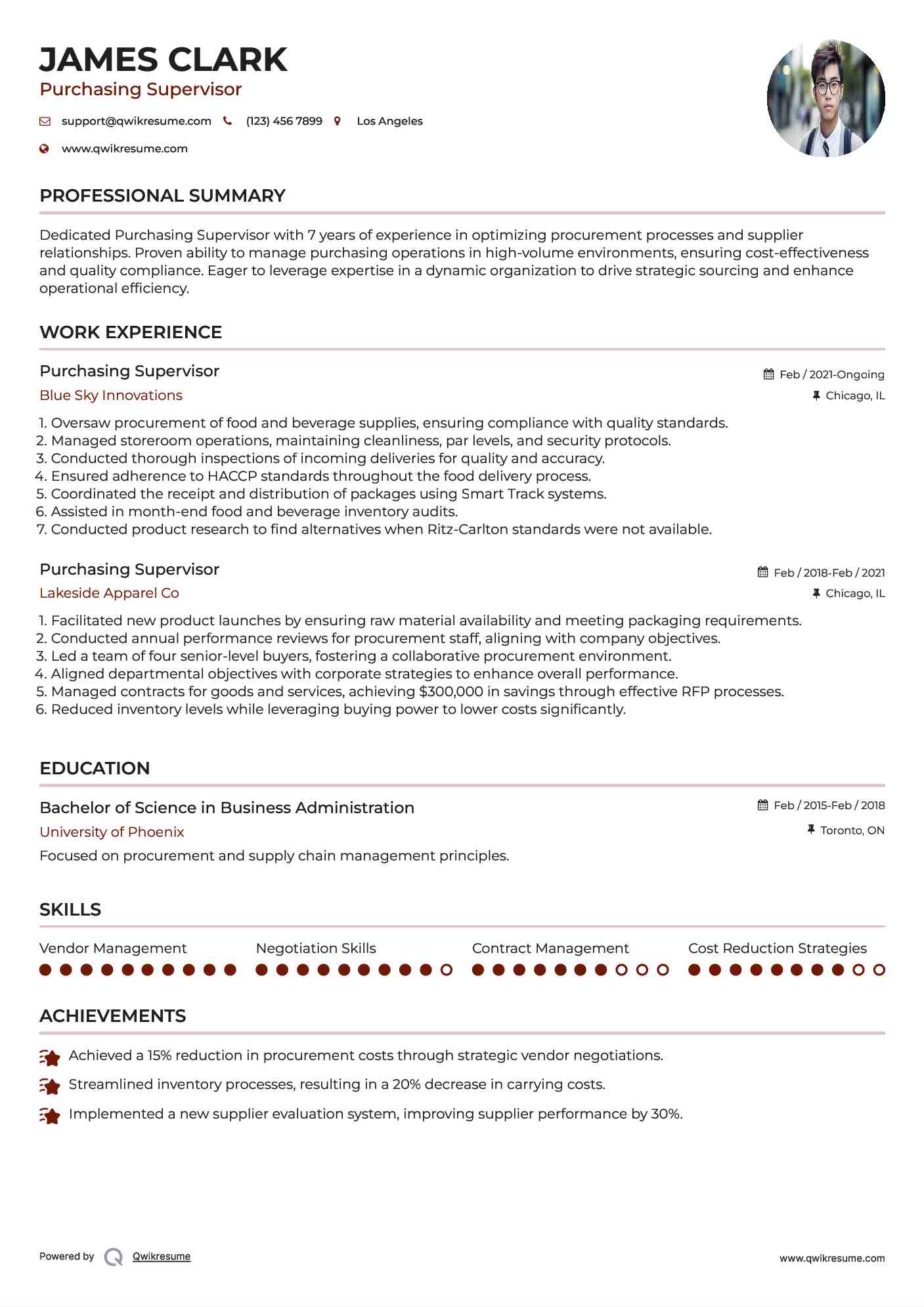Purchasing Supervisor Resume Example