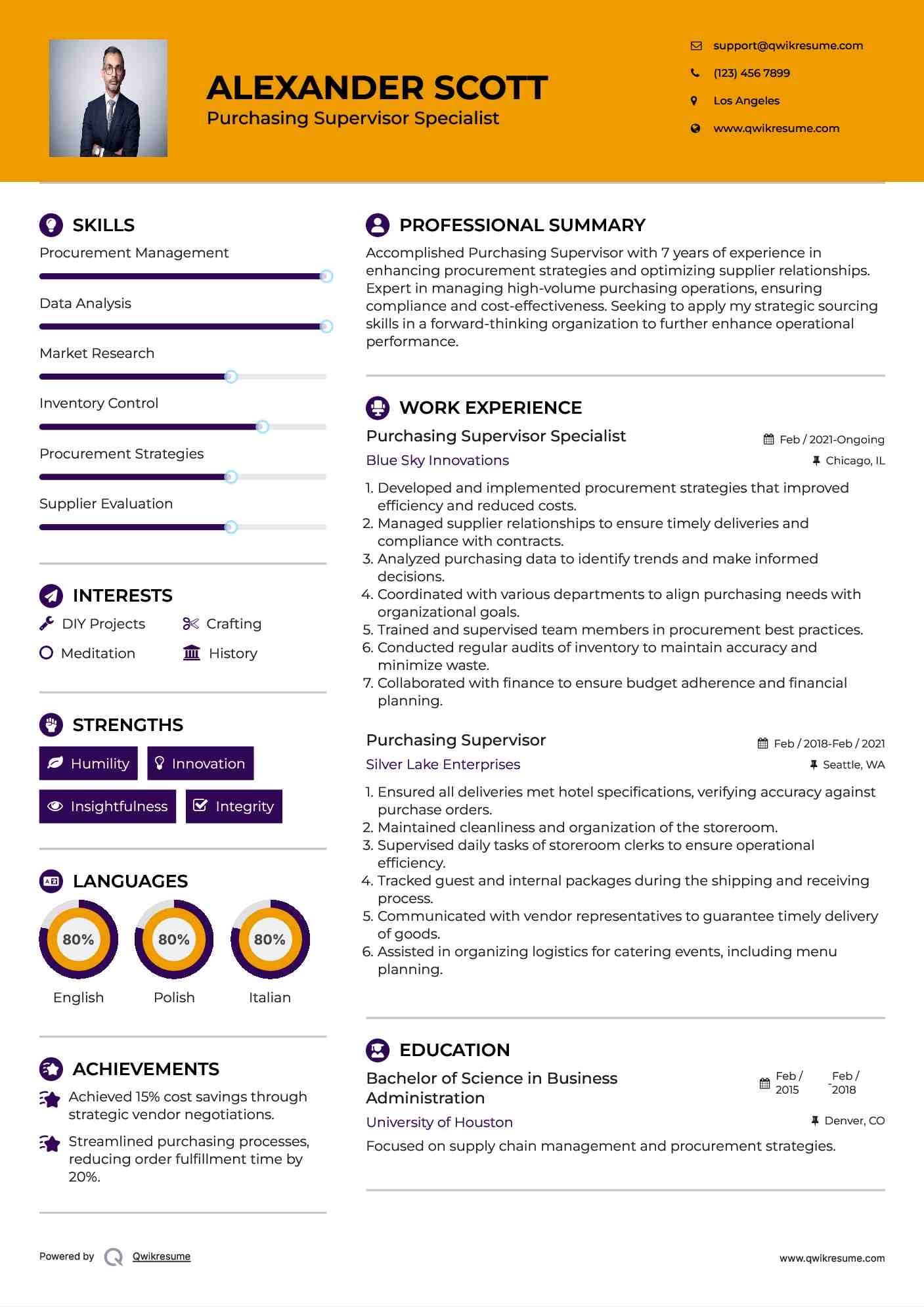 Purchasing Supervisor Specialist Resume Sample