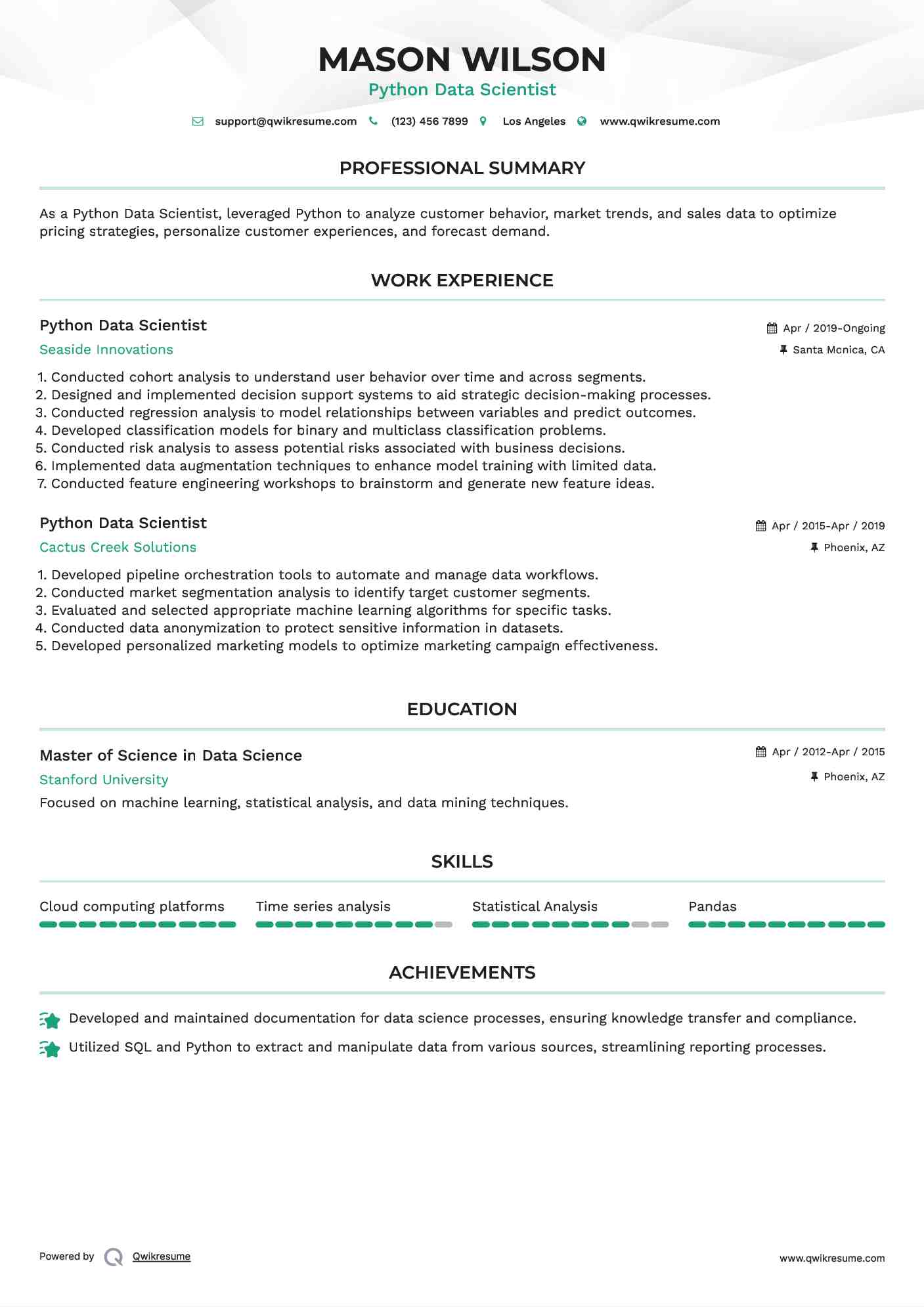 Python Data Scientist Resume Format