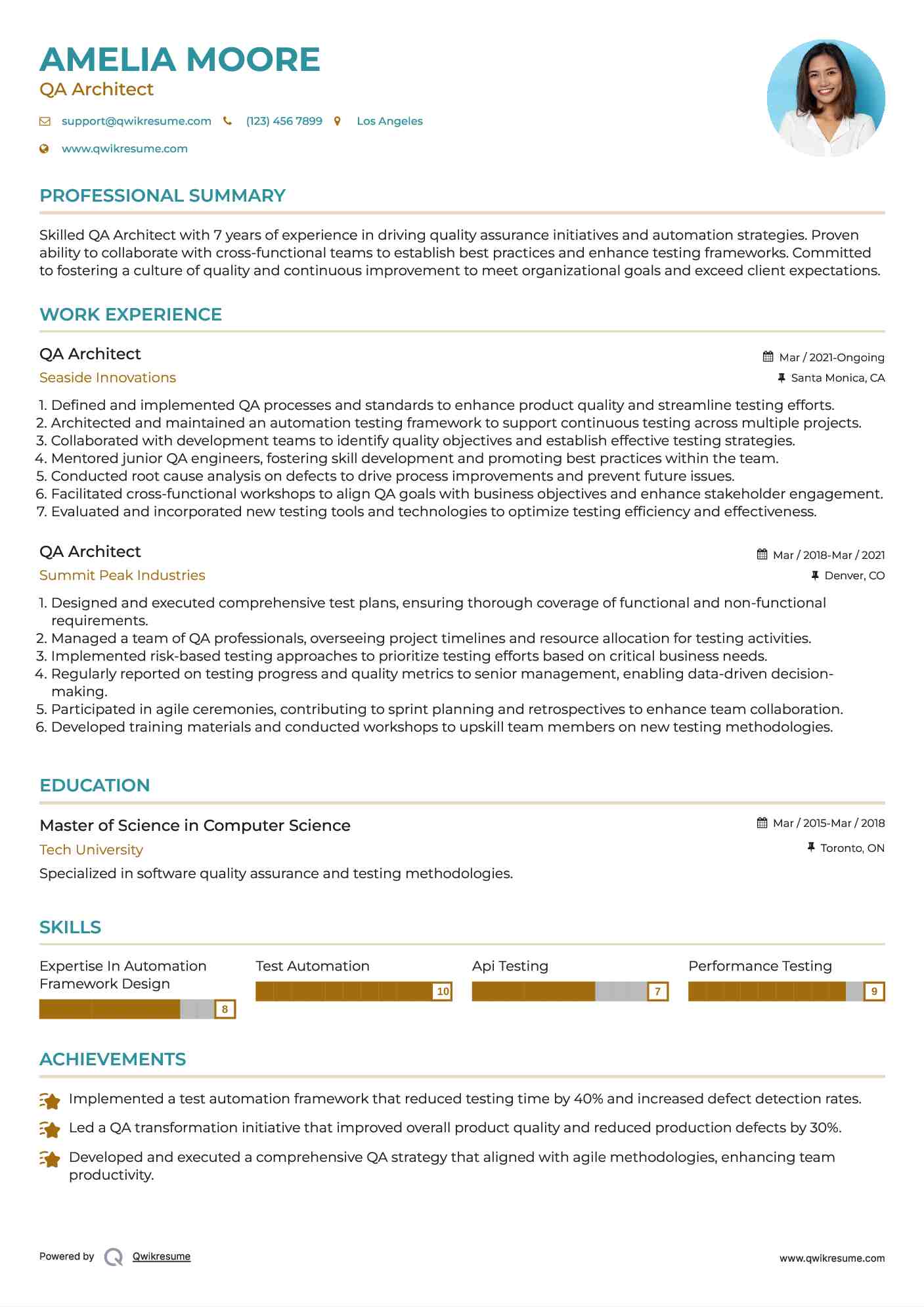QA Architect Resume Sample