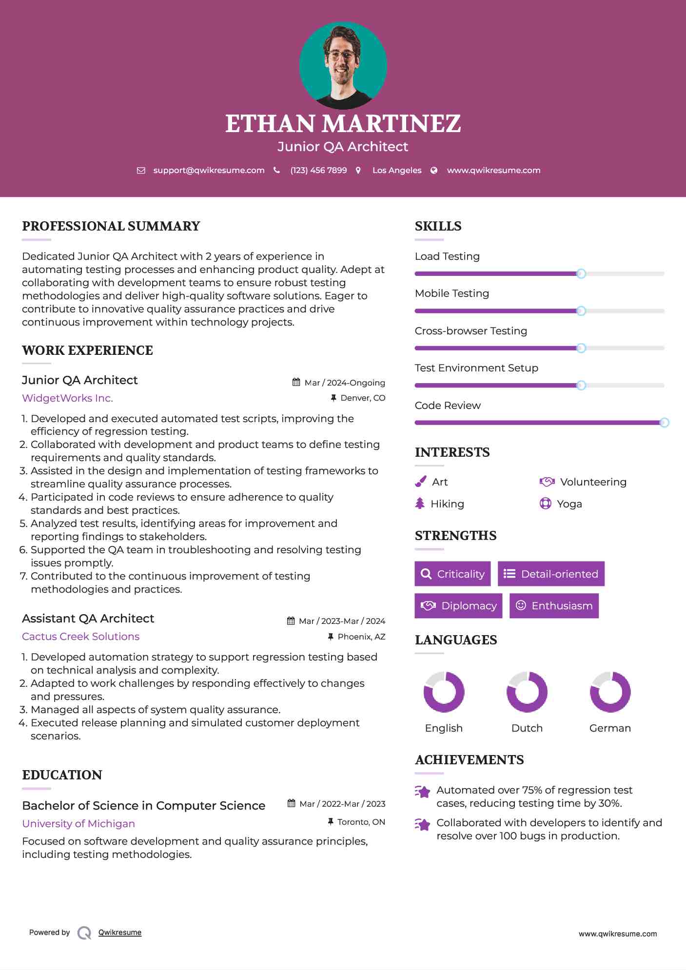 Junior QA Architect  Resume Format