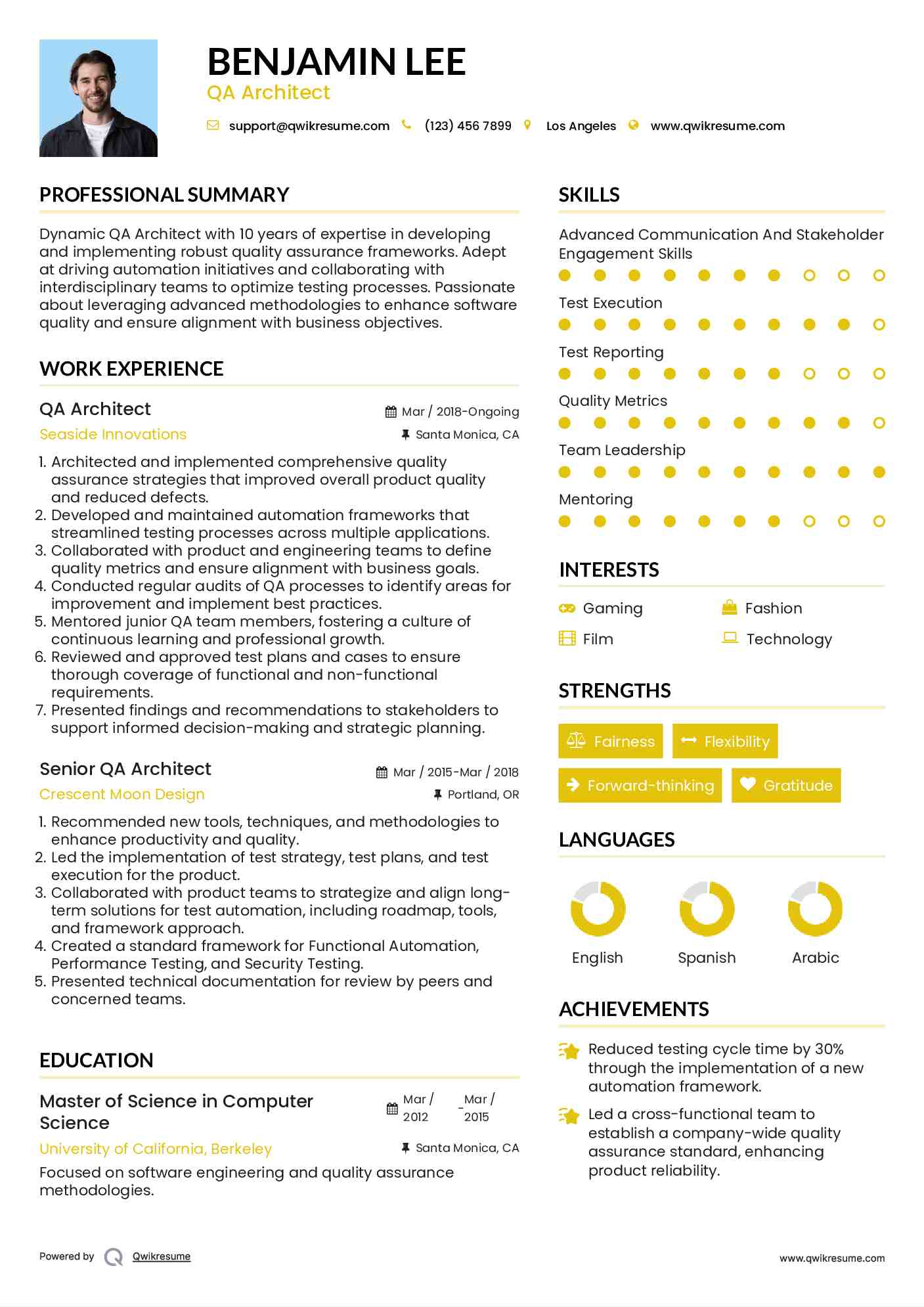 QA Architect Resume Format