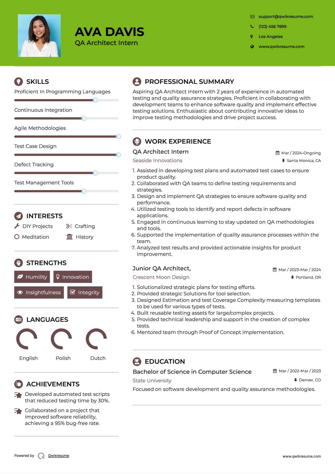 QA Architect Intern Resume Sample