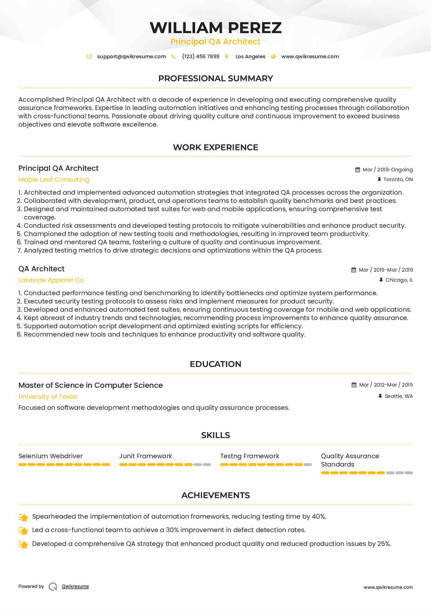 Principal QA Architect Resume Example