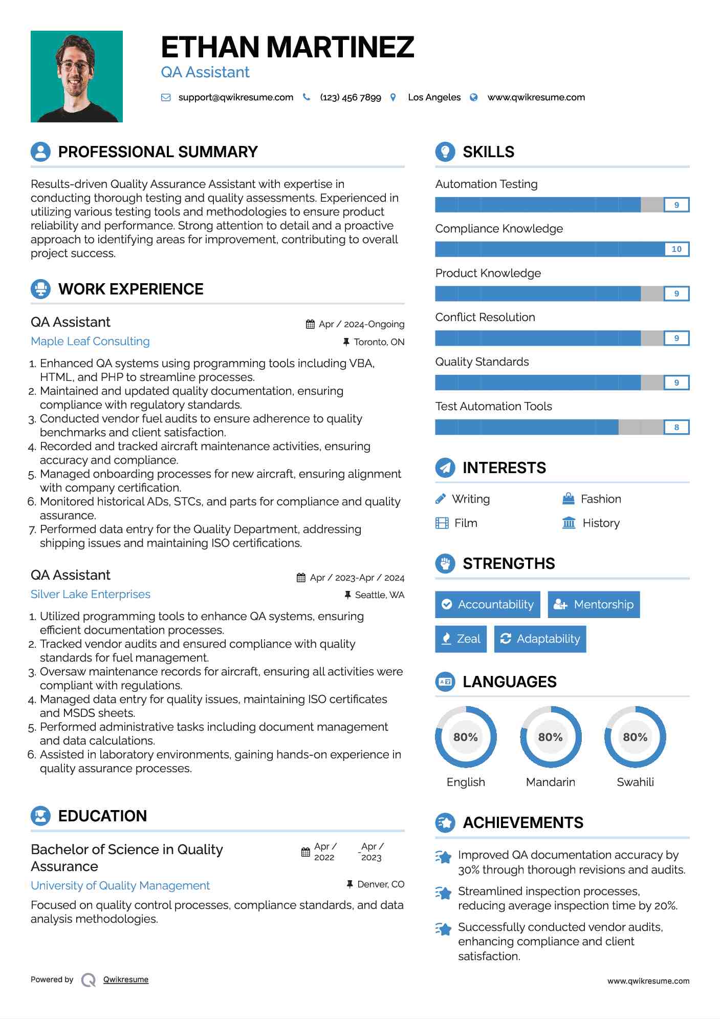 QA Assistant Resume Sample