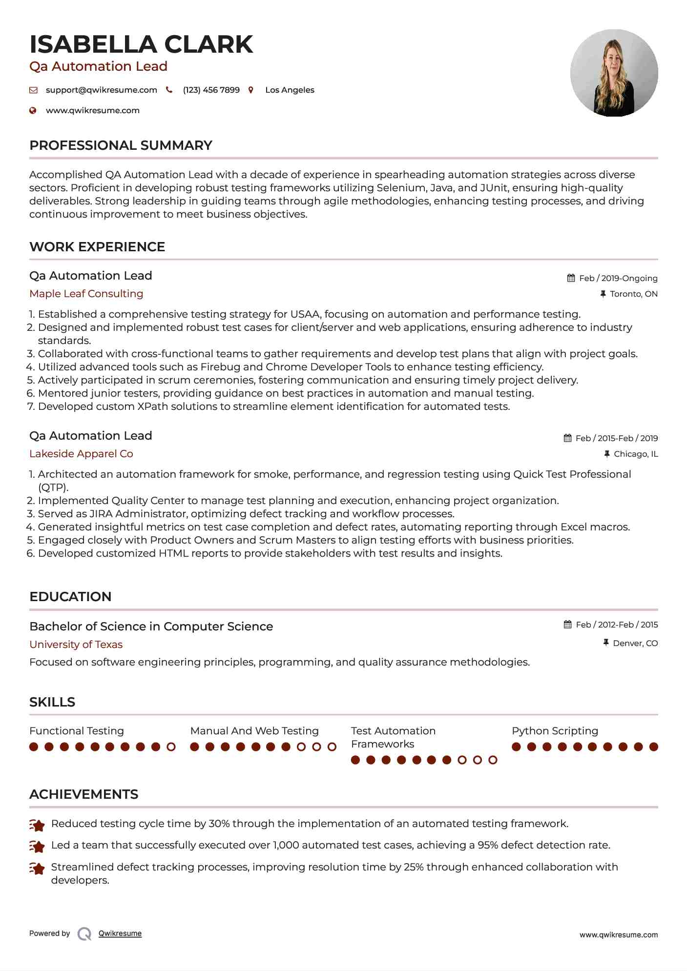 Qa Automation Lead Resume Template